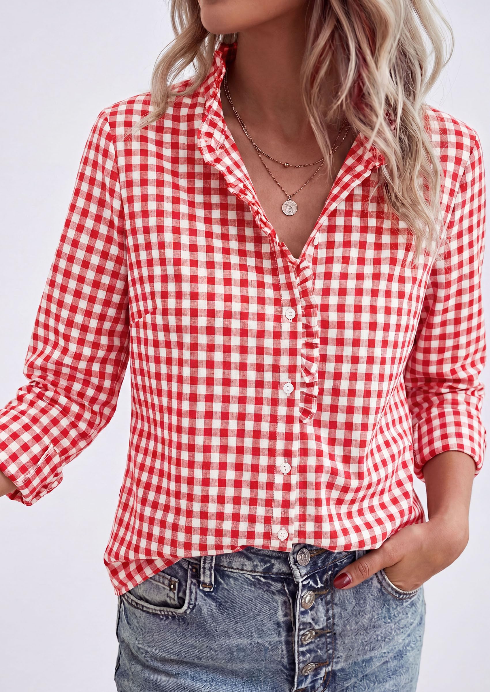 Womens Long Sleeve Button Down Shirts,Brilliant Red White,S