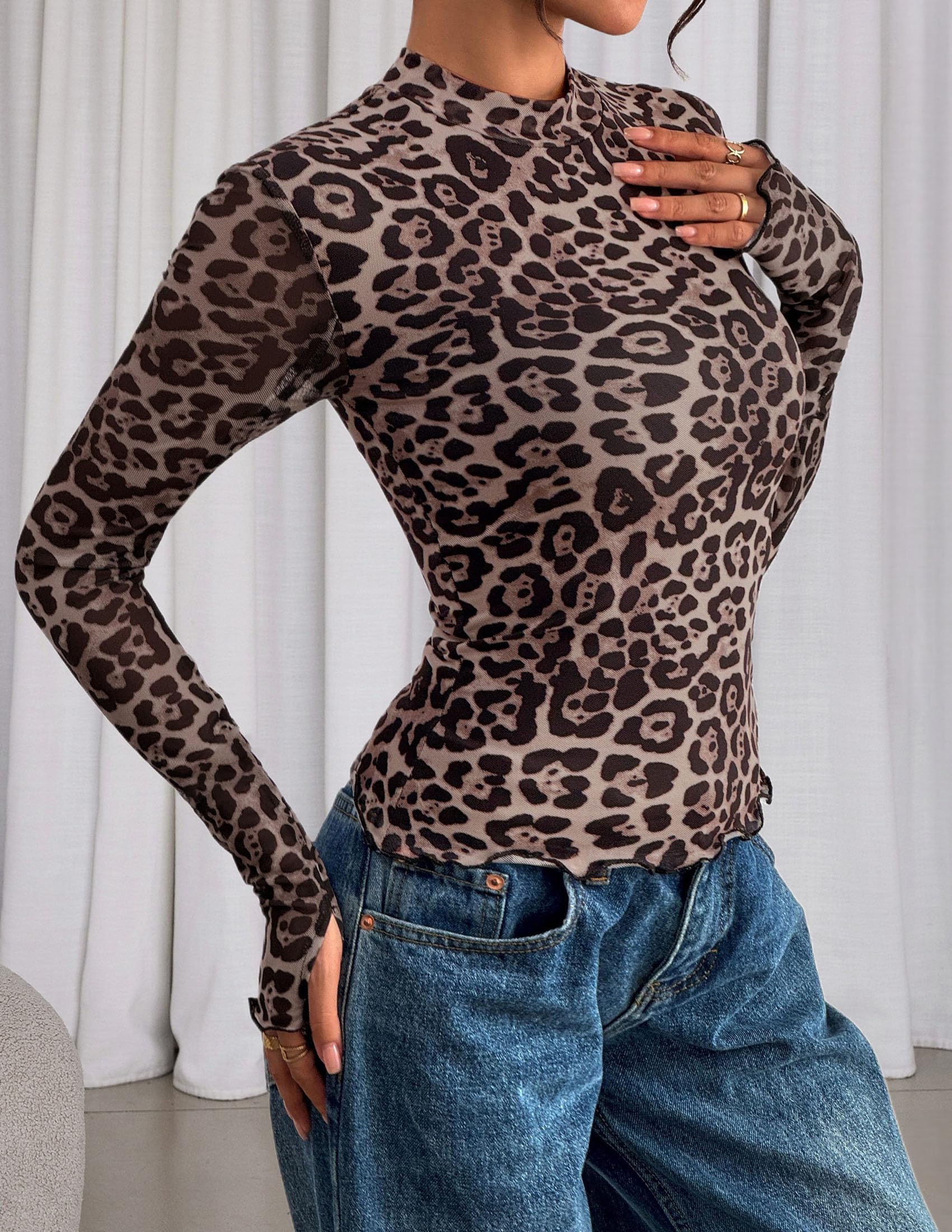 Womens Floral Mesh Long Sleeve Tops Fall Slim Fitted Shirts