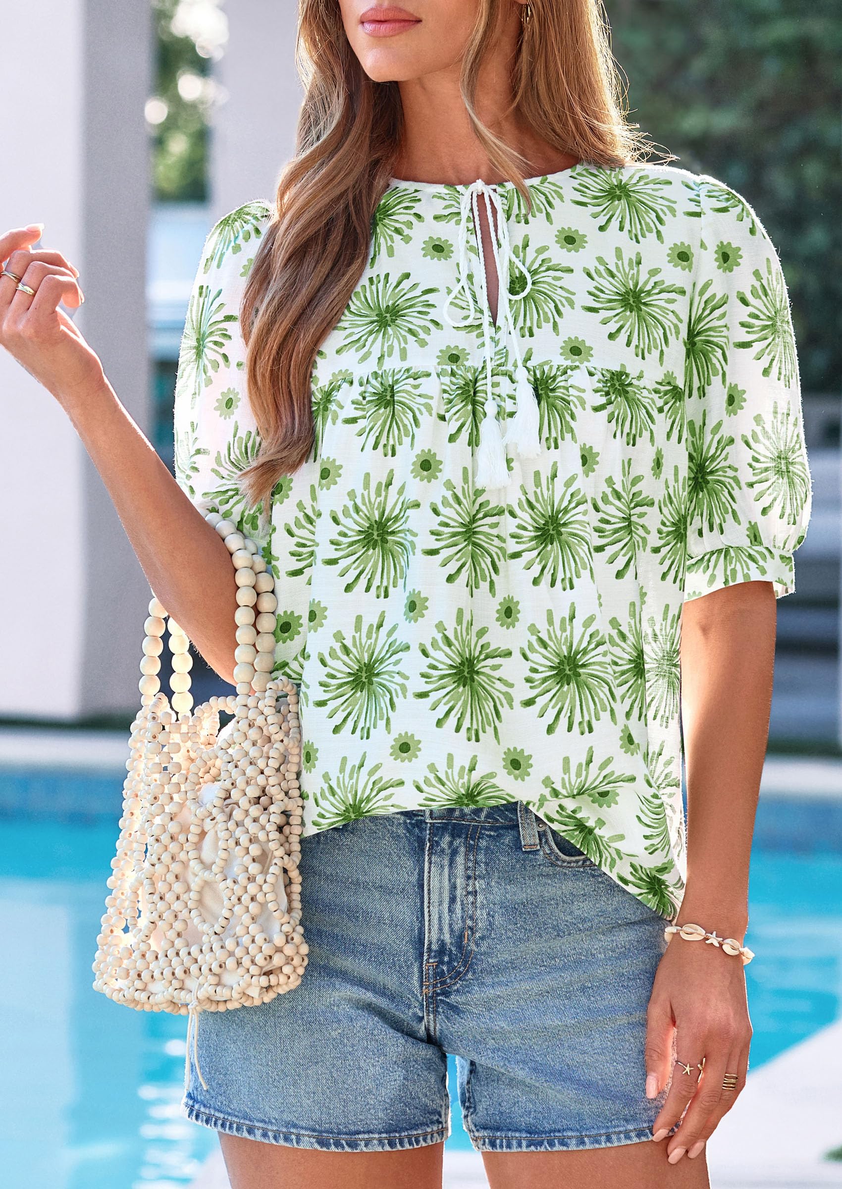 Womens Summer Boho Blouses Dressy Casual Floral White Green,S
