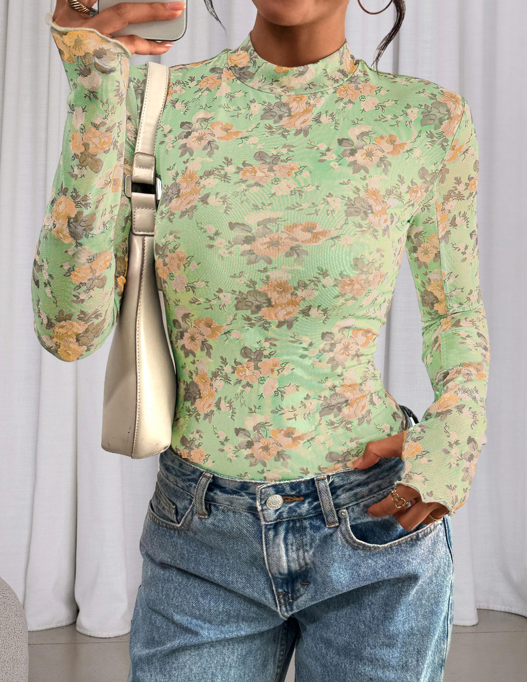 Womens Floral Mesh Long Sleeve Tops Fall Slim Fitted Shirts