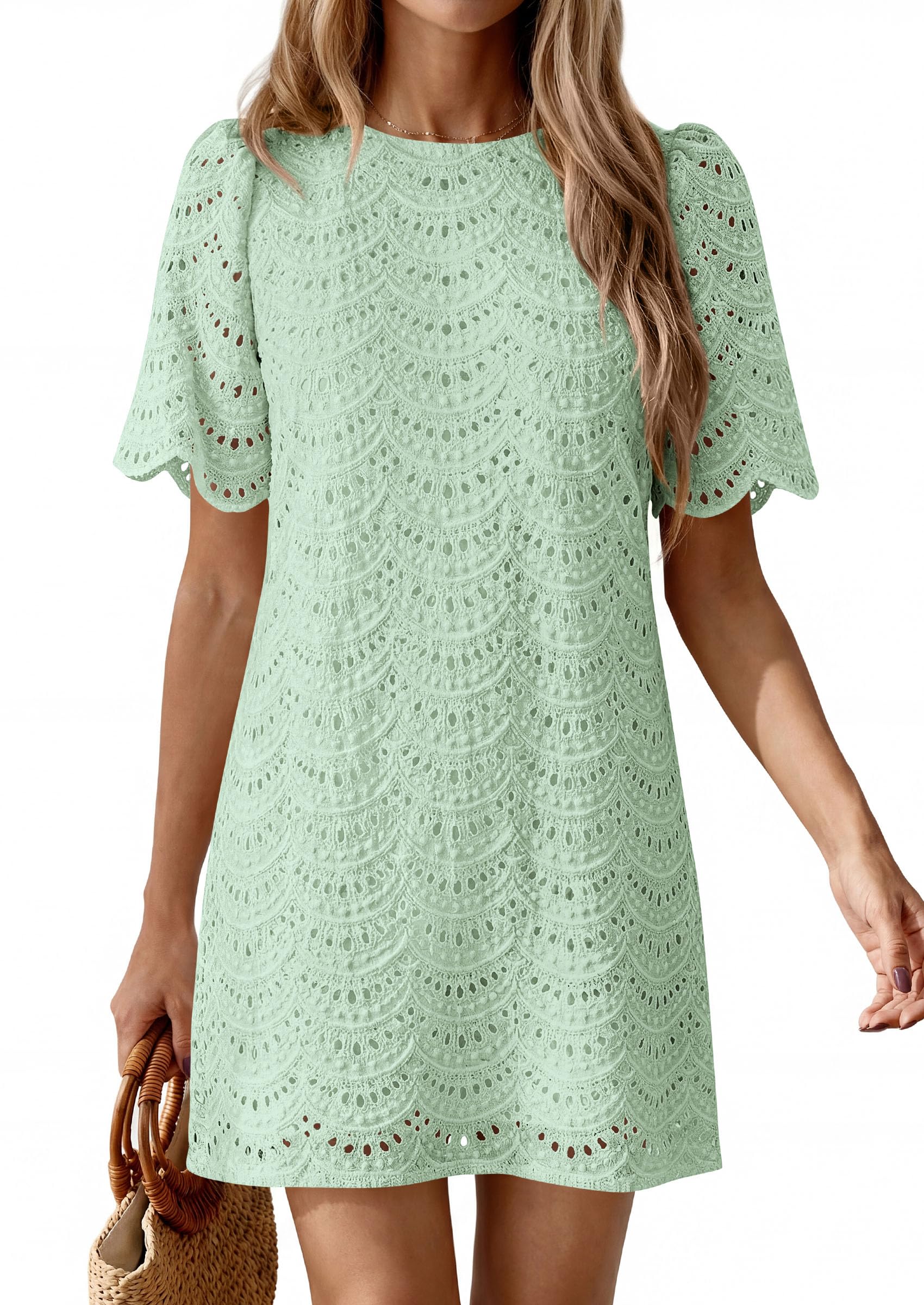 Women's Summer Eyelet Lace Short Dress (Light Green,S)