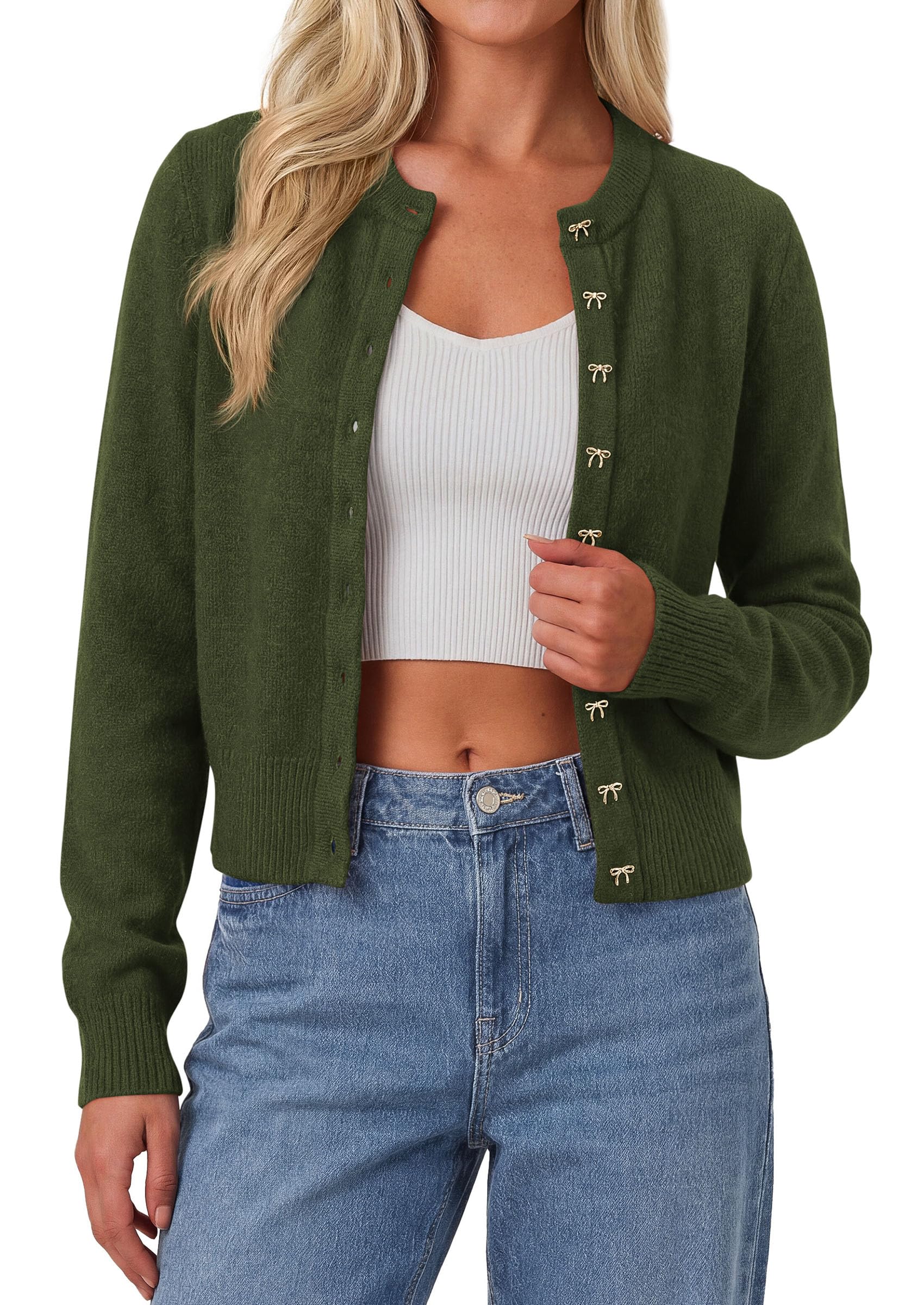 Cardigan Sweaters for Women Cropped Bow Button Up Cardigan