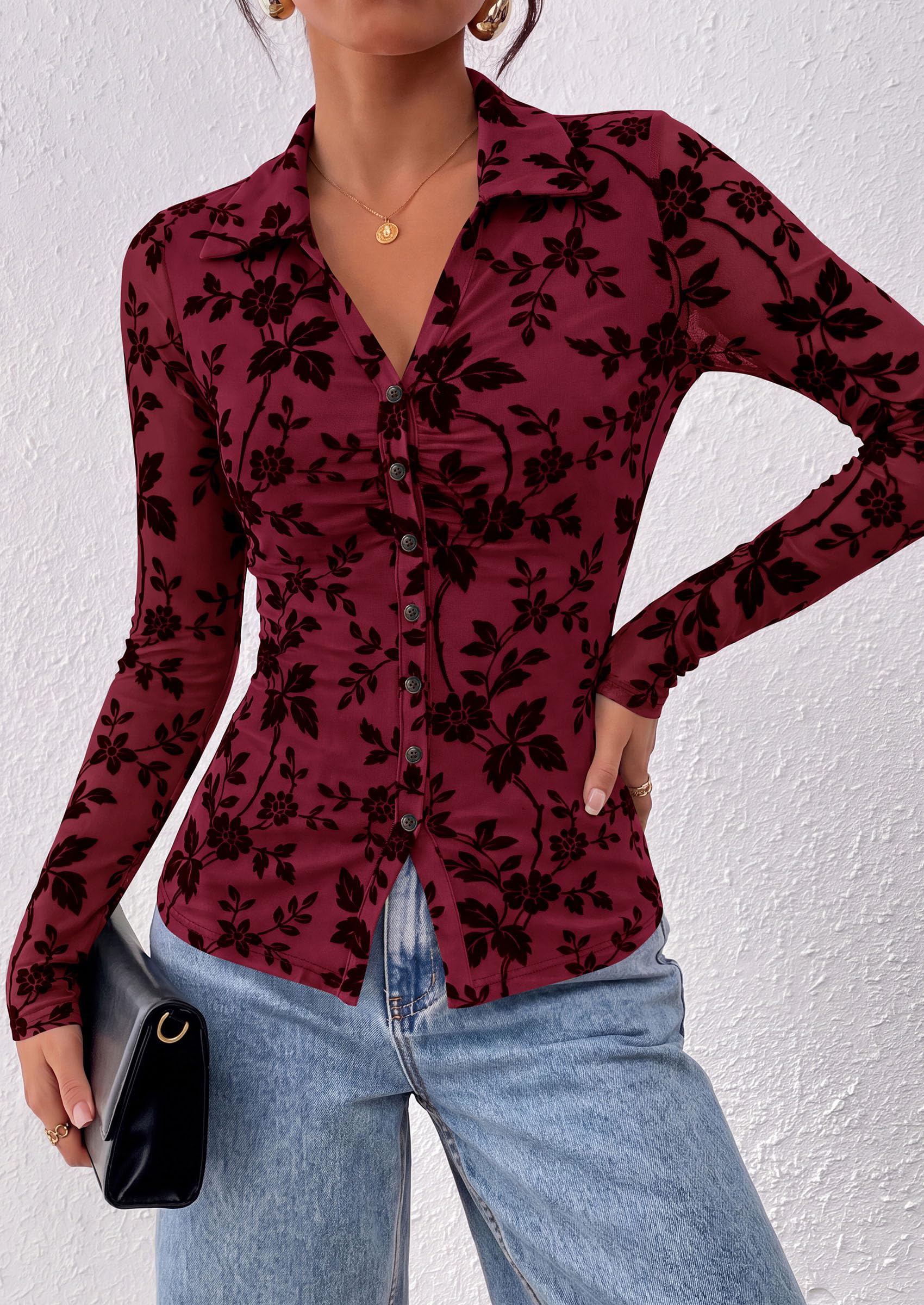 Women's Long Sleeve Floral Mesh Boho Tops Button Down Shirts