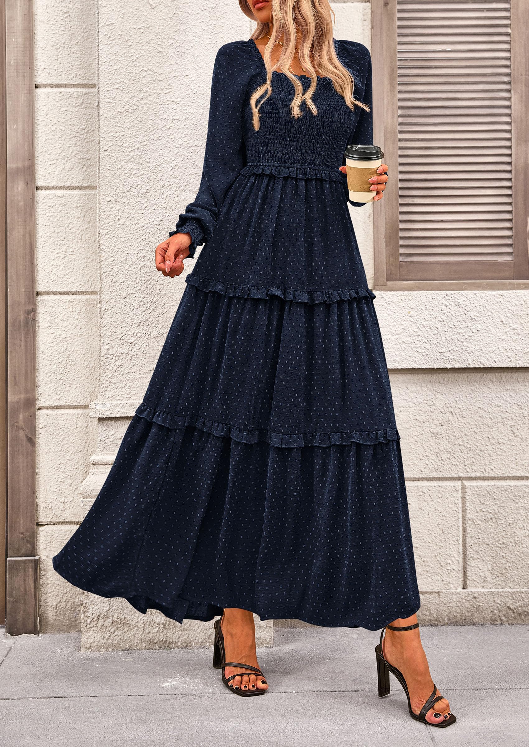 Women's Smocked Long Sleeve Maxi Dress Wedding Guest Dresses