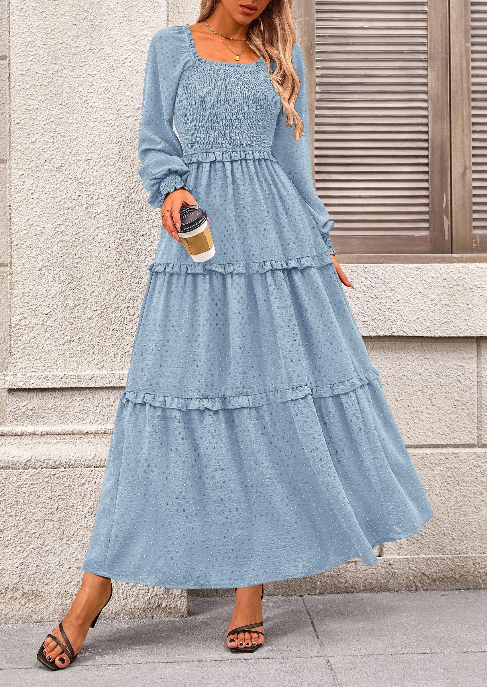Women's Smocked Long Sleeve Maxi Dress Wedding Guest Dresses