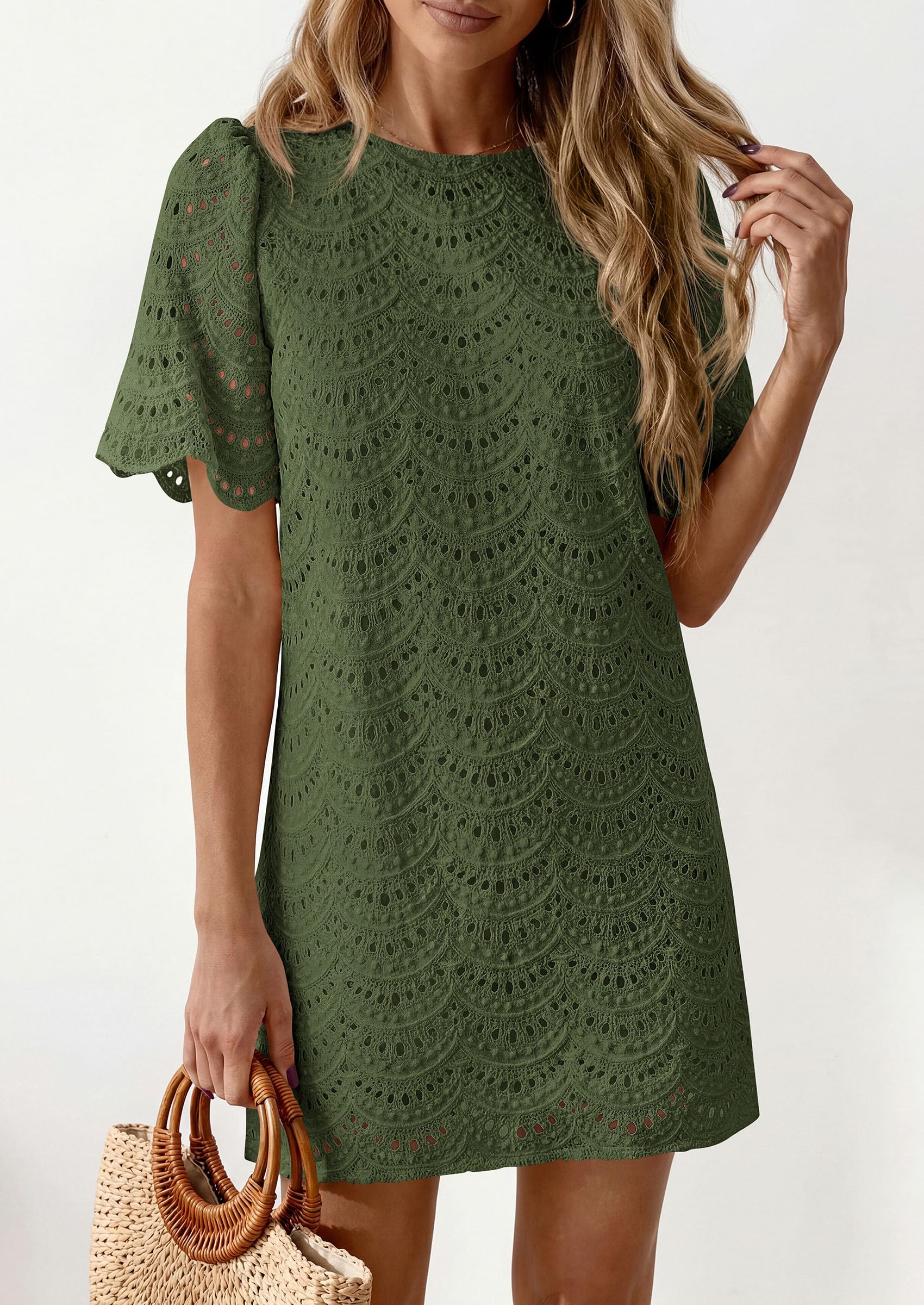 Women's Summer Eyelet Lace Short Dress (Army Green,S)