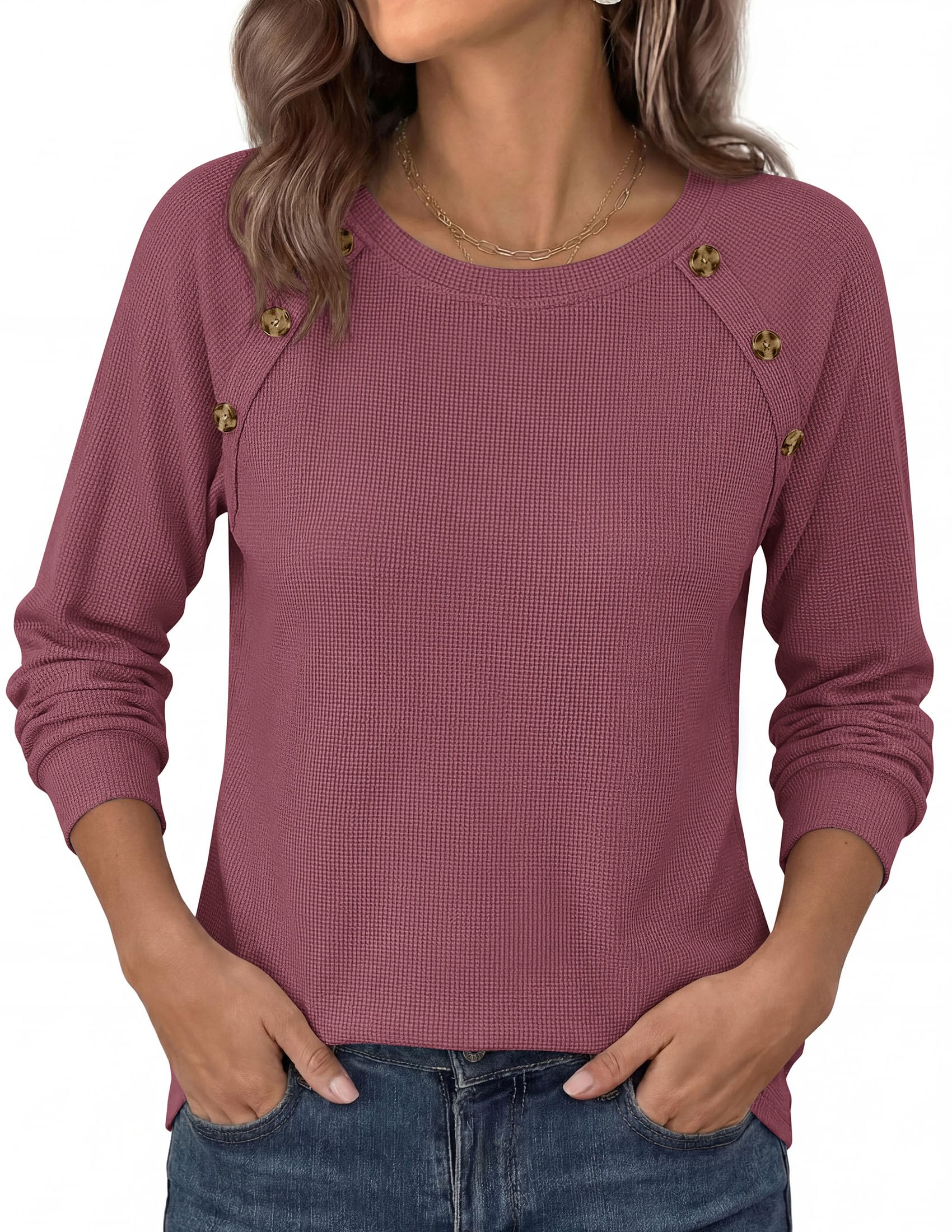 Fall Long Sleeve Waffle Knit Shirts for Women Loose Tunic Tops