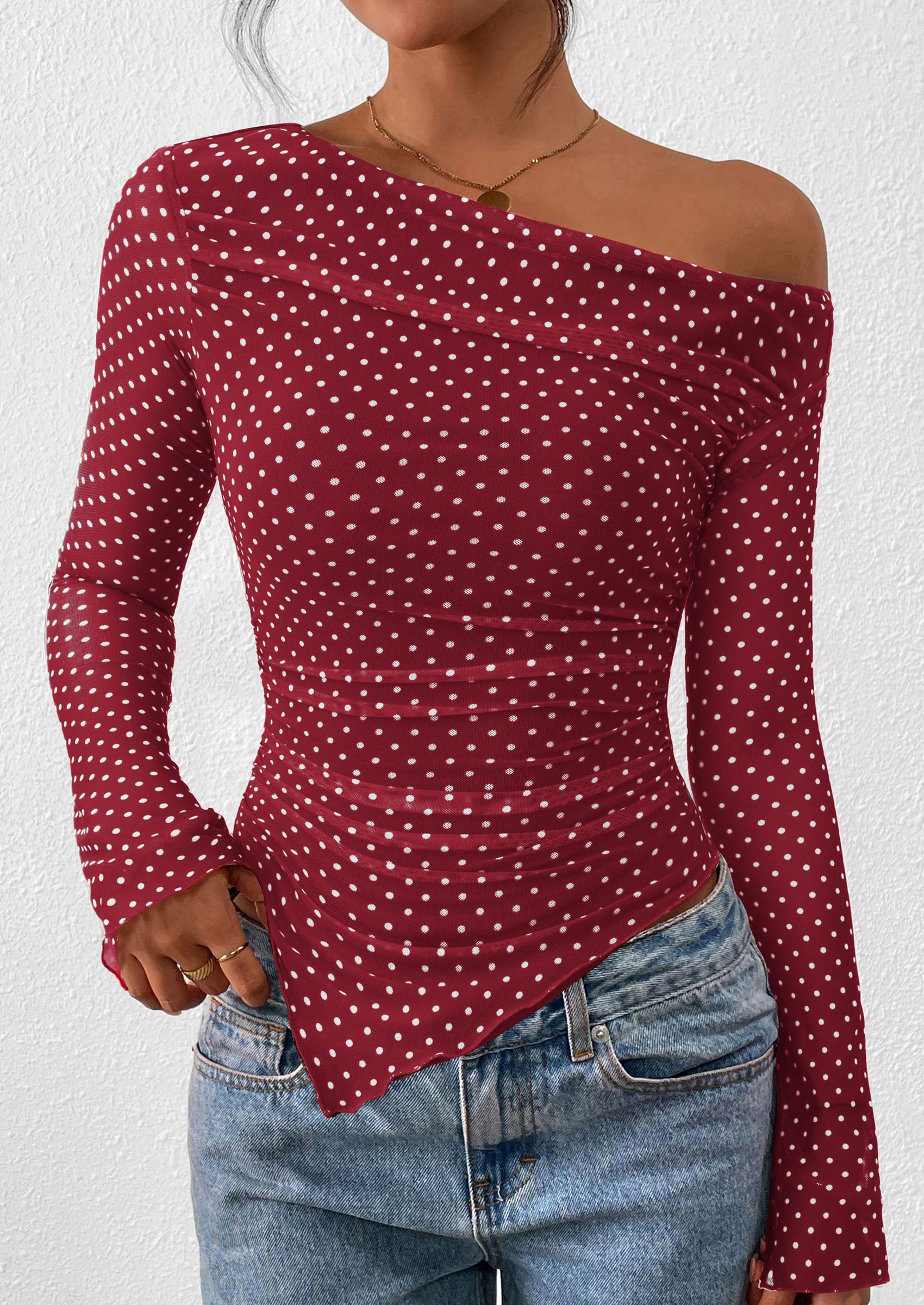 Womens Off Shoulder Mesh Y2k Tops,Small Dot Red White,XS