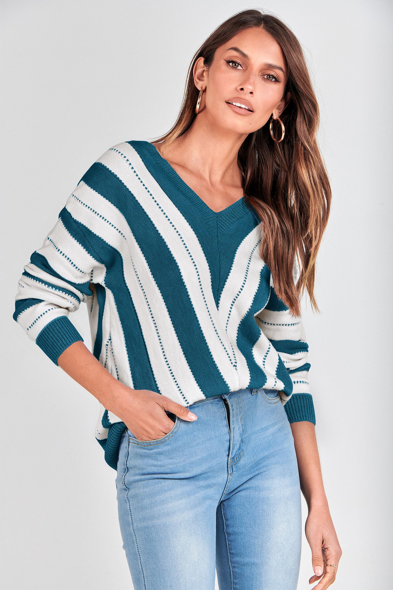 Women's V Neck Striped Knit Pullover Sweater