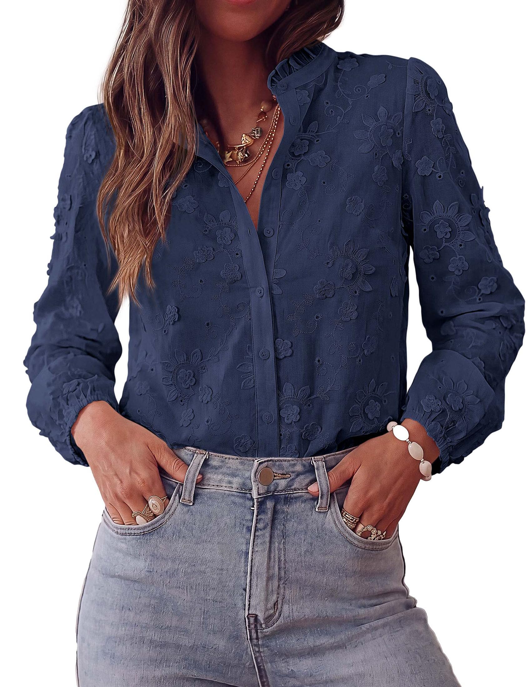 Women's Floral Embroidered Button Down Shirts Work Blouses