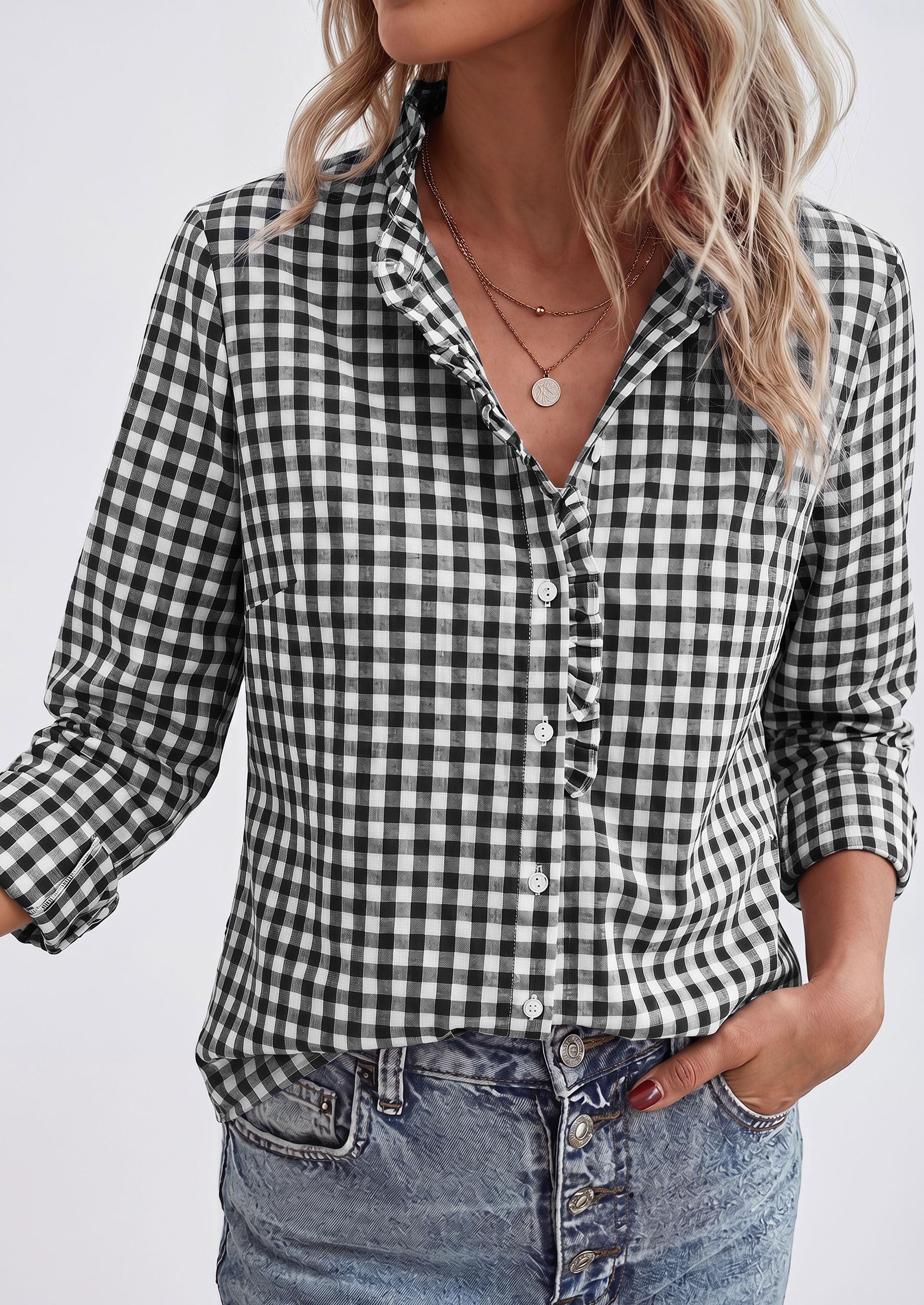 Womens Long Sleeve Button Down Shirts,Black White,S