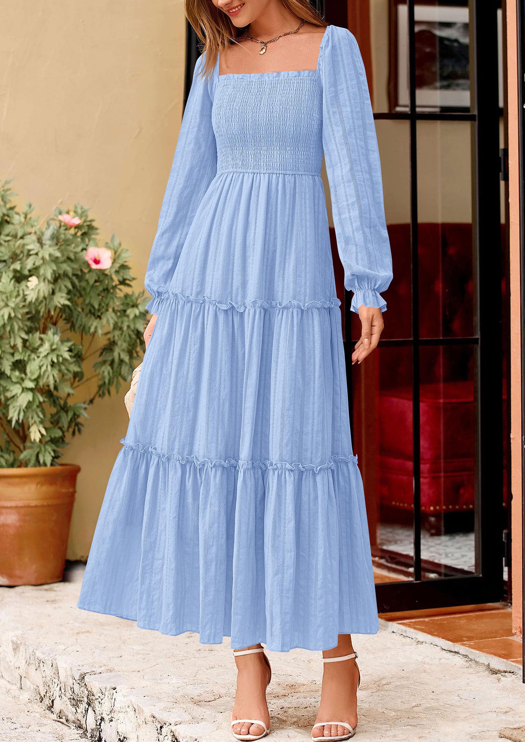 Women's Long Sleeve Ruffle Flowy Maxi Dress,Light Blue,M