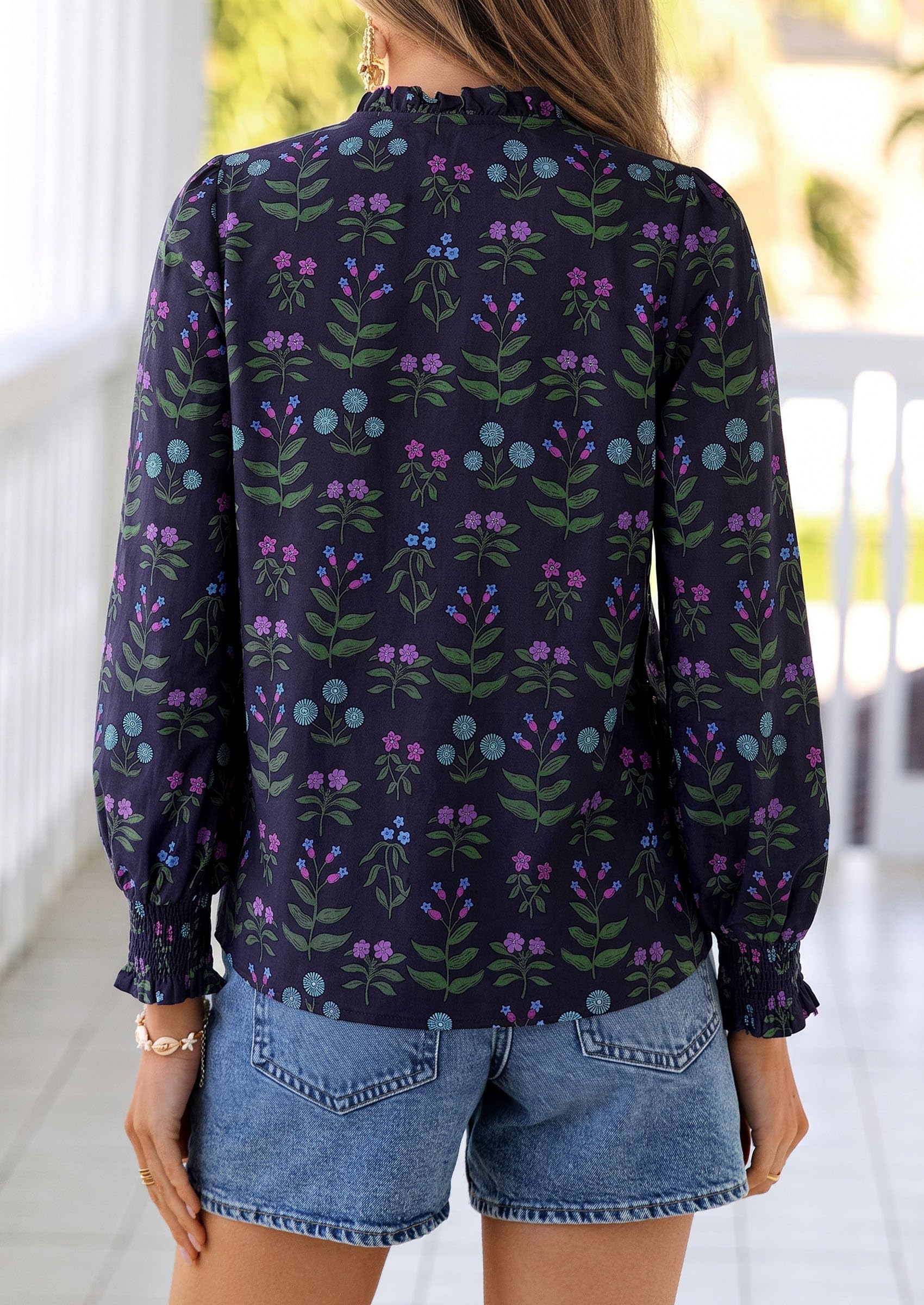 Women's Boho Floral Blouses Dressy Casual Navy Blue,XL