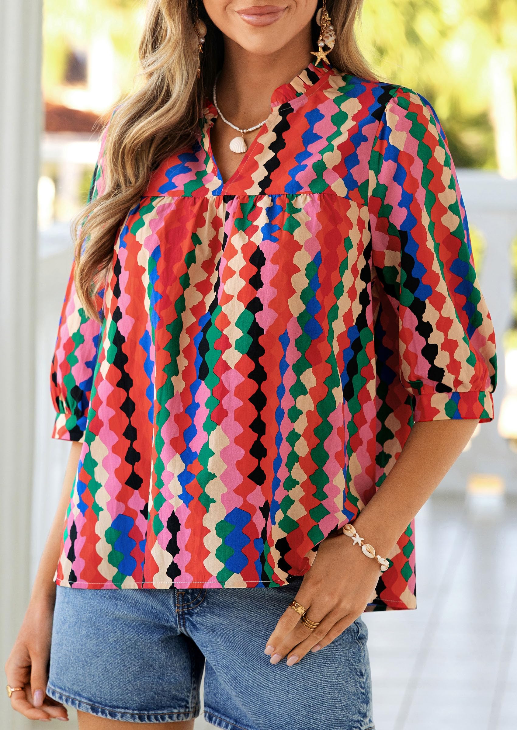 Women's Summer Floral Boho Dressy Casual Tops Multicolored