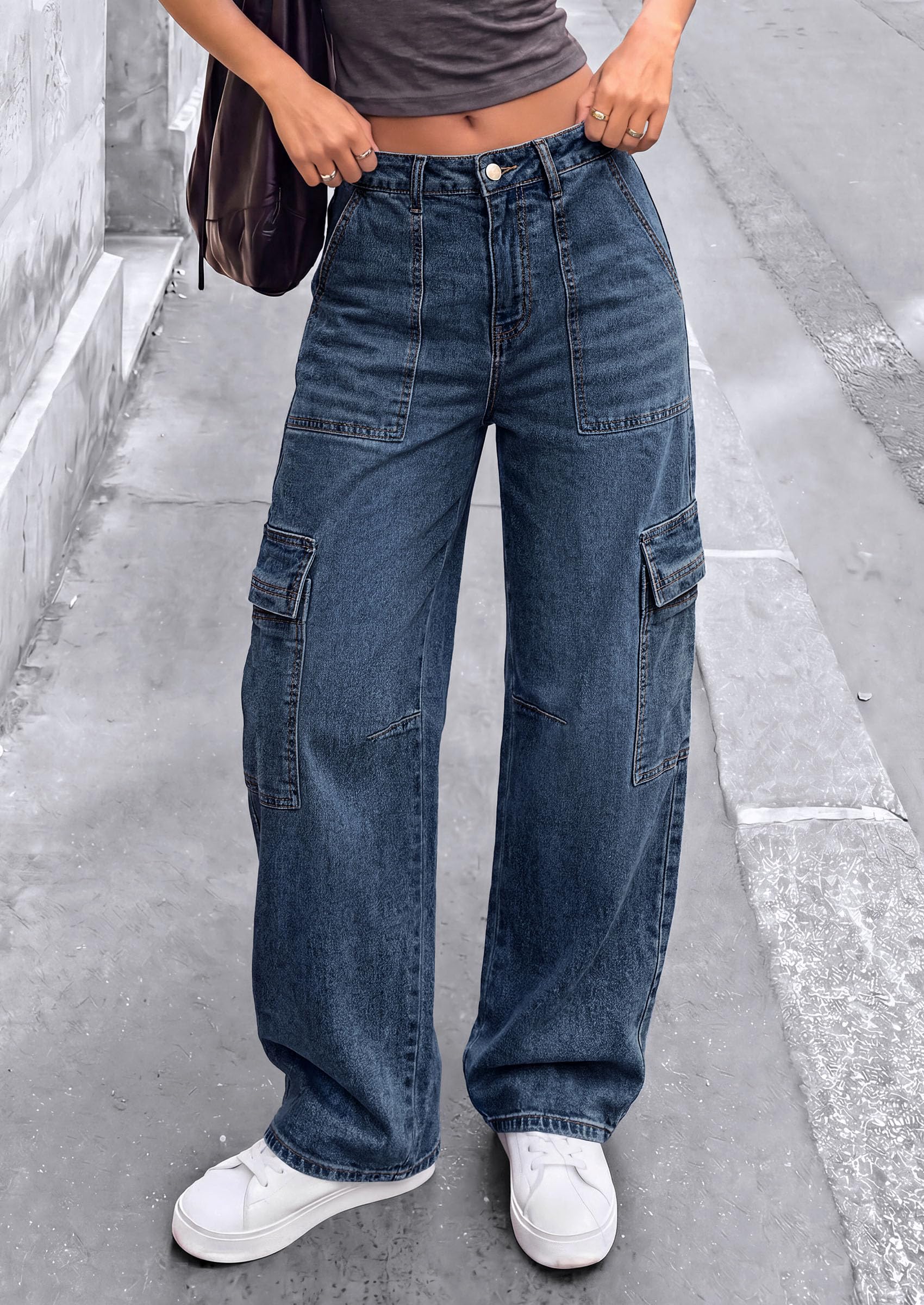 Barrel Pants Women Wide Leg Baggy Denim Jeans Dark Blue,4