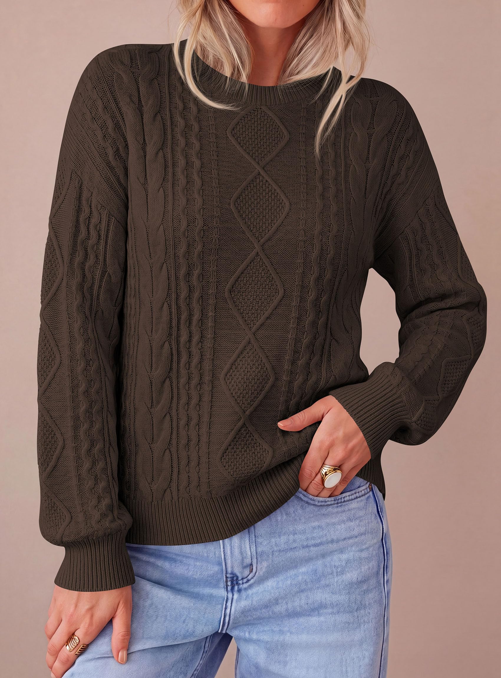 Women's Crewneck Cable Knit Sweater Pullover Tops Coffee