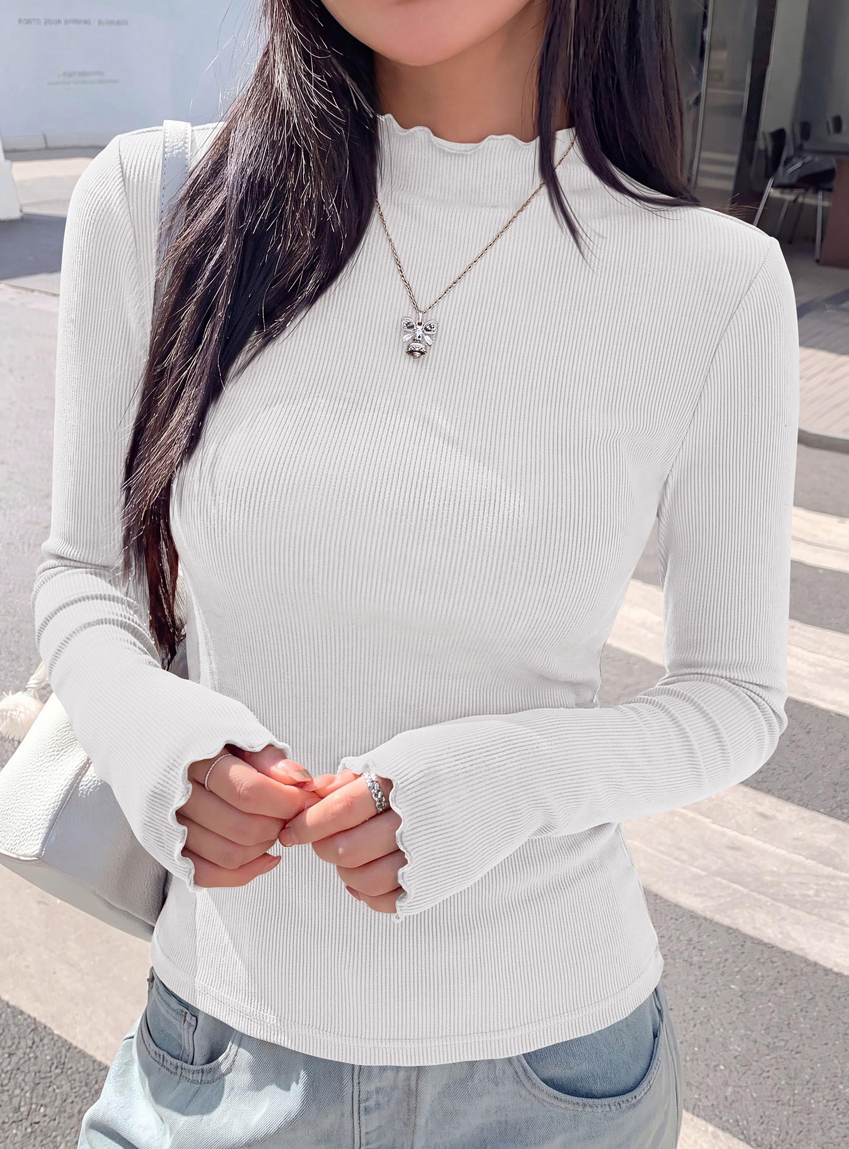 Women's Long Sleeve T Shirts Lettuce Trim Mock Neck Tops White