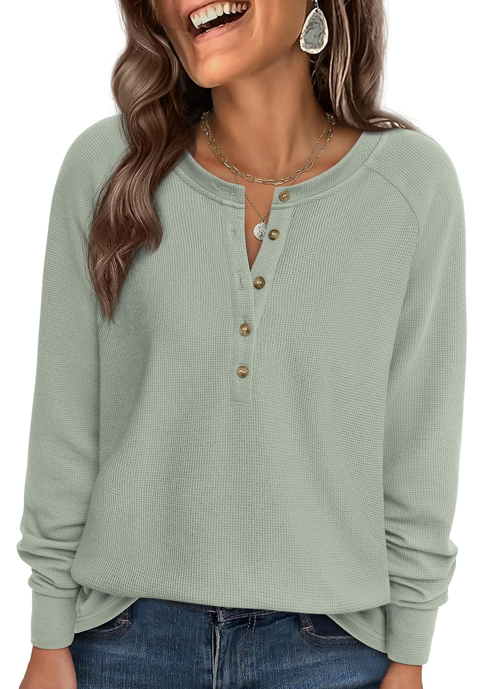 Women's Long Sleeve Waffle Knit Henley Shirts Loose Tunic Tops