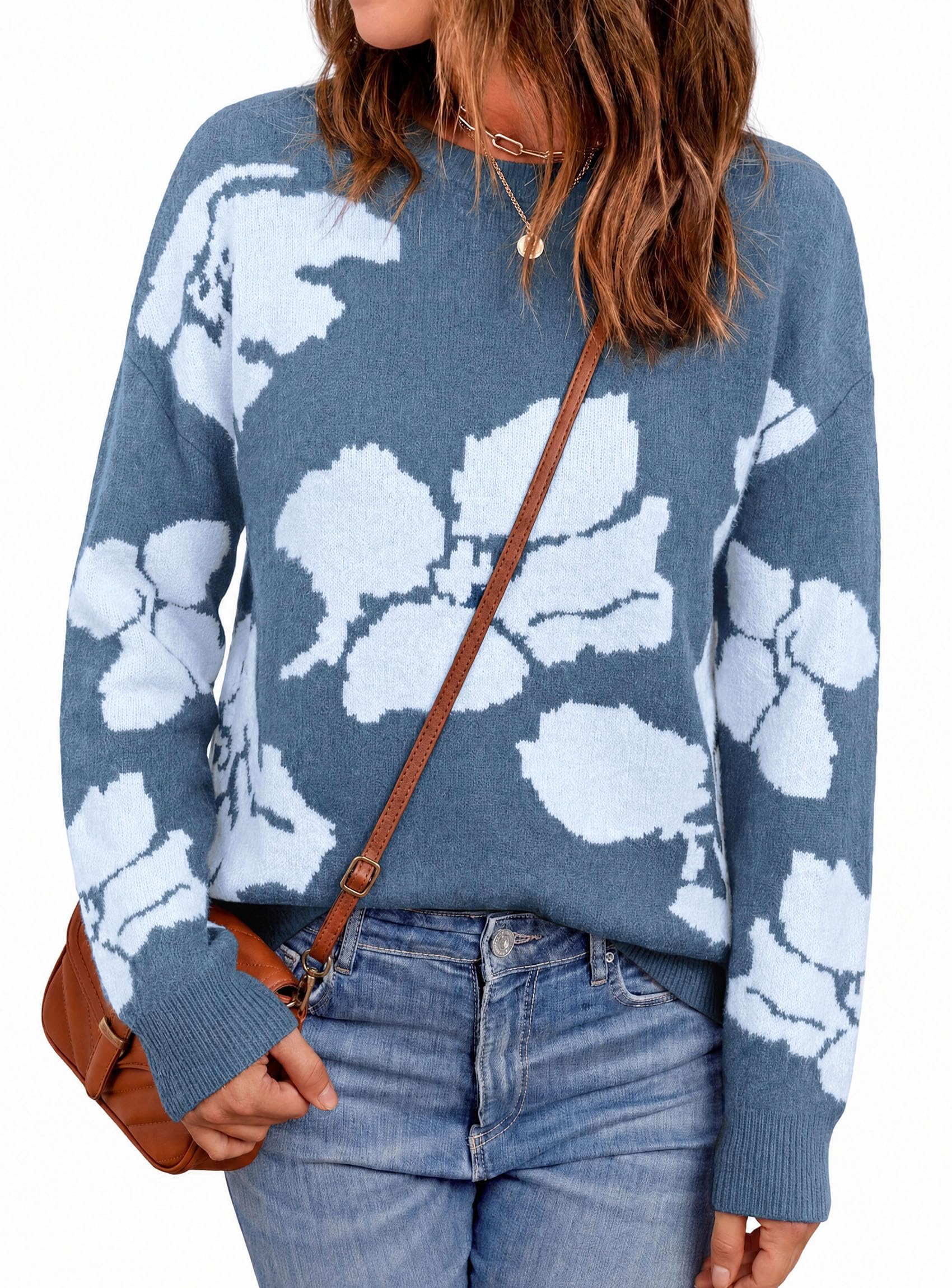 Womens Floral Sweater Crewneck Printed Pullover Tops Grey Blue