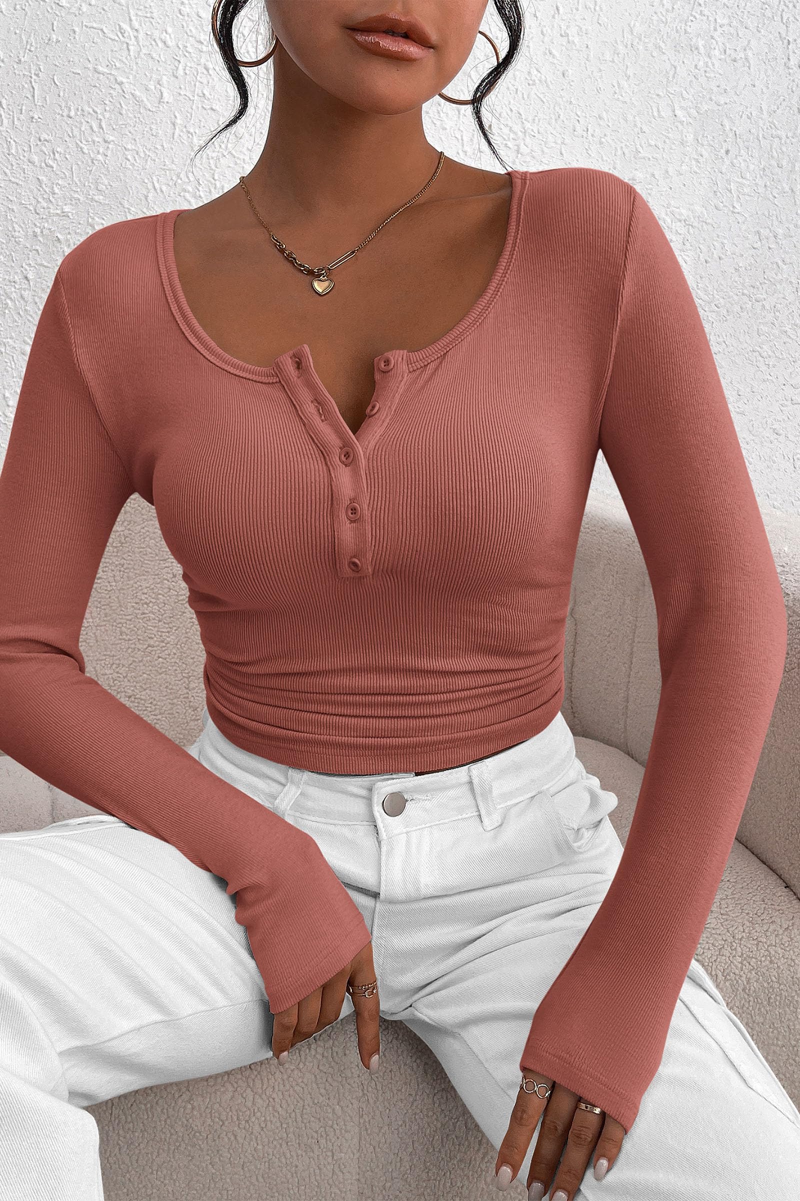 Women's Fall Long Sleeve Henley T Shirts Heather Pink