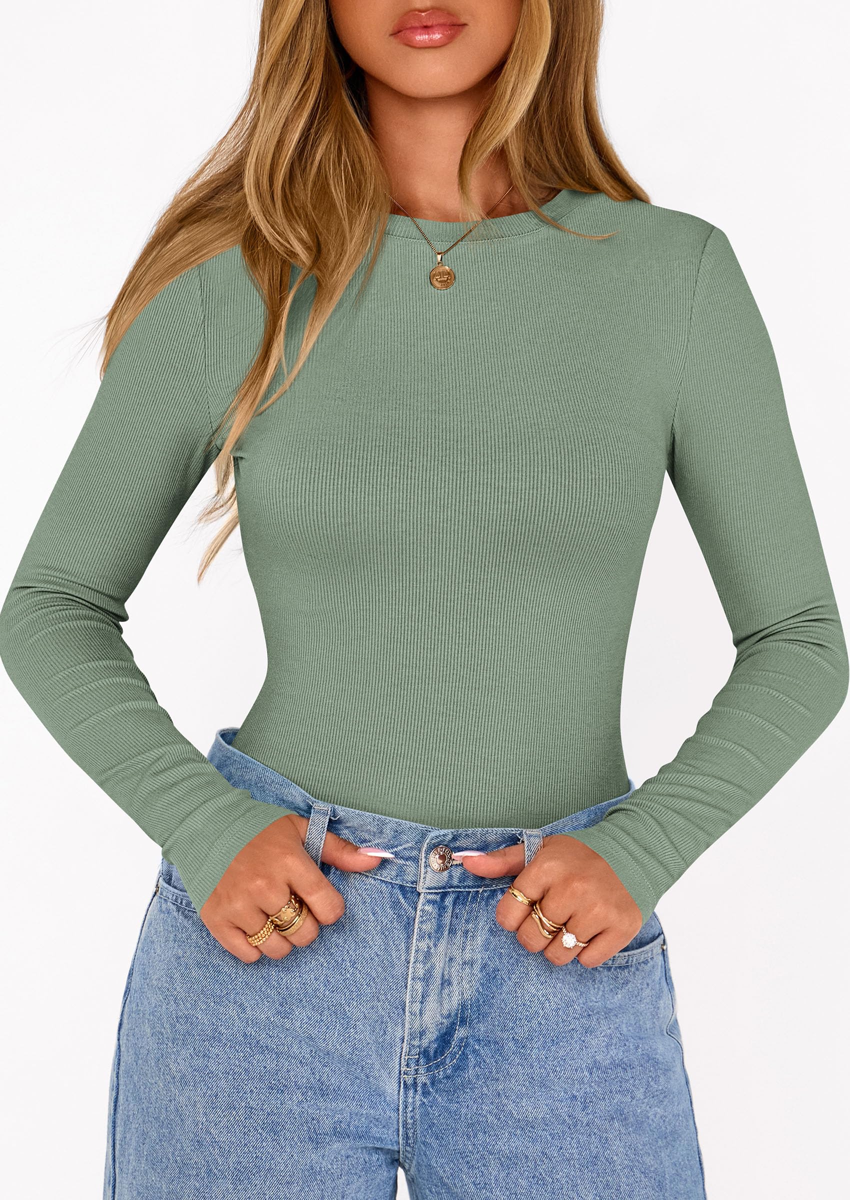 Bodysuits for Women Fall Ribbed Knit Long Sleeve T Shirts