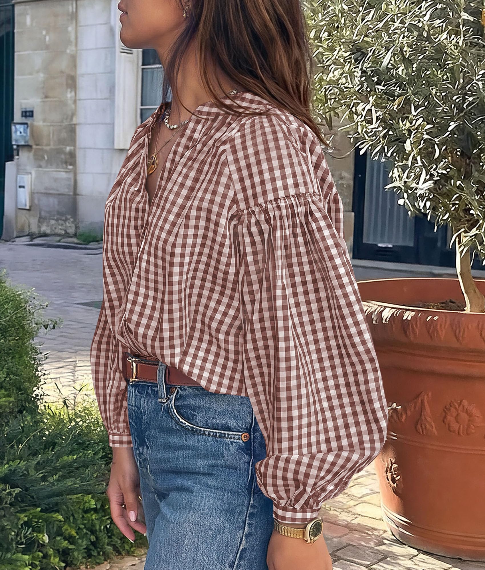 Women Fall Plaid Long Puff Sleeve Shirts V Neck Casual Blouses