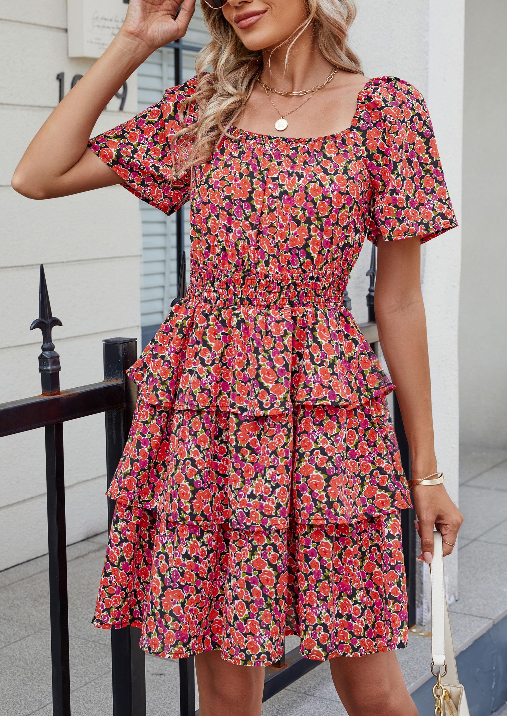 Women's Summer Floral Ruffle Short Dress Black Orange Floral,S