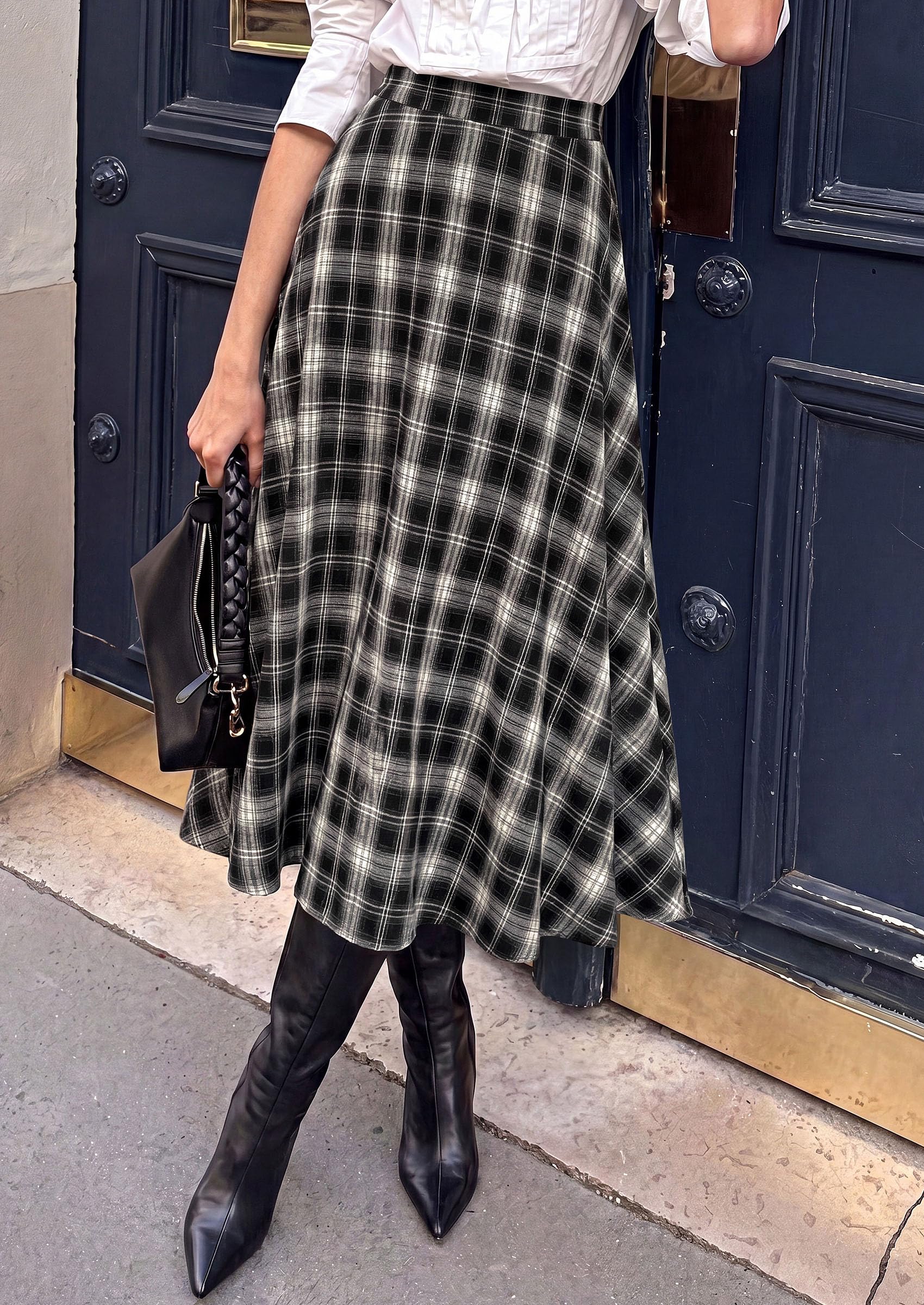 Women's Plaid High Waisted A-Line Midi Skirts,Black,M