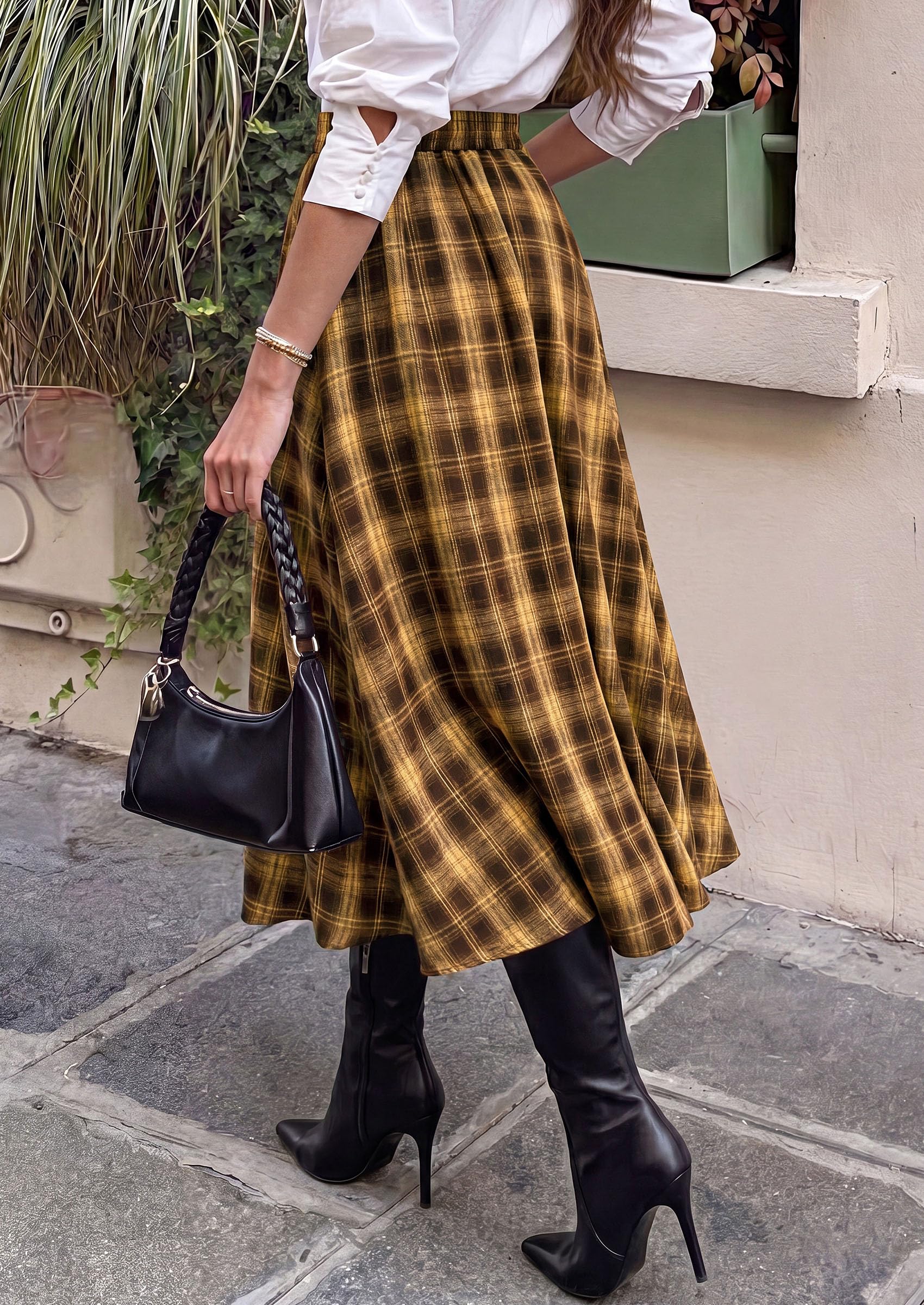Women's Plaid High Waisted A-Line Midi Skirts,Brown Yellow,S