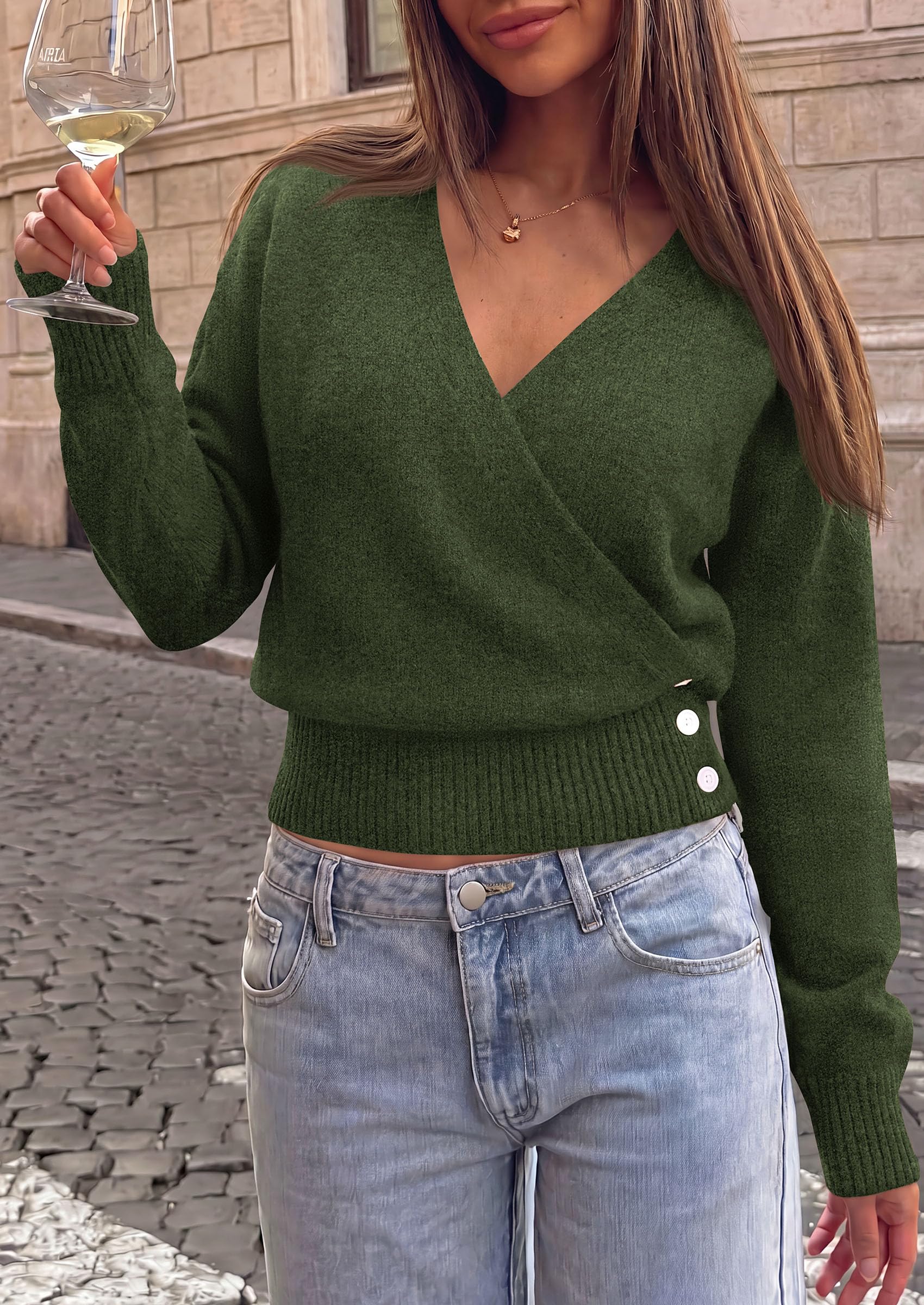 Women V Neck Wrap Sweater Cropped Tops (Army Green,S)
