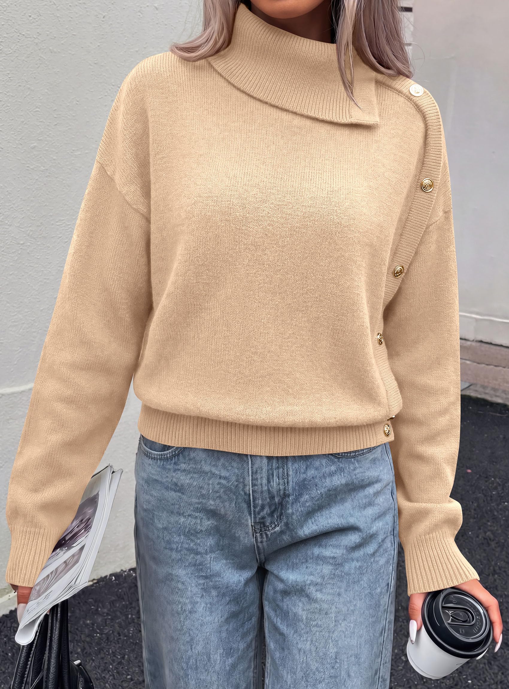 Womens Turtleneck Sweater Pullover Side Button Fall Clothes