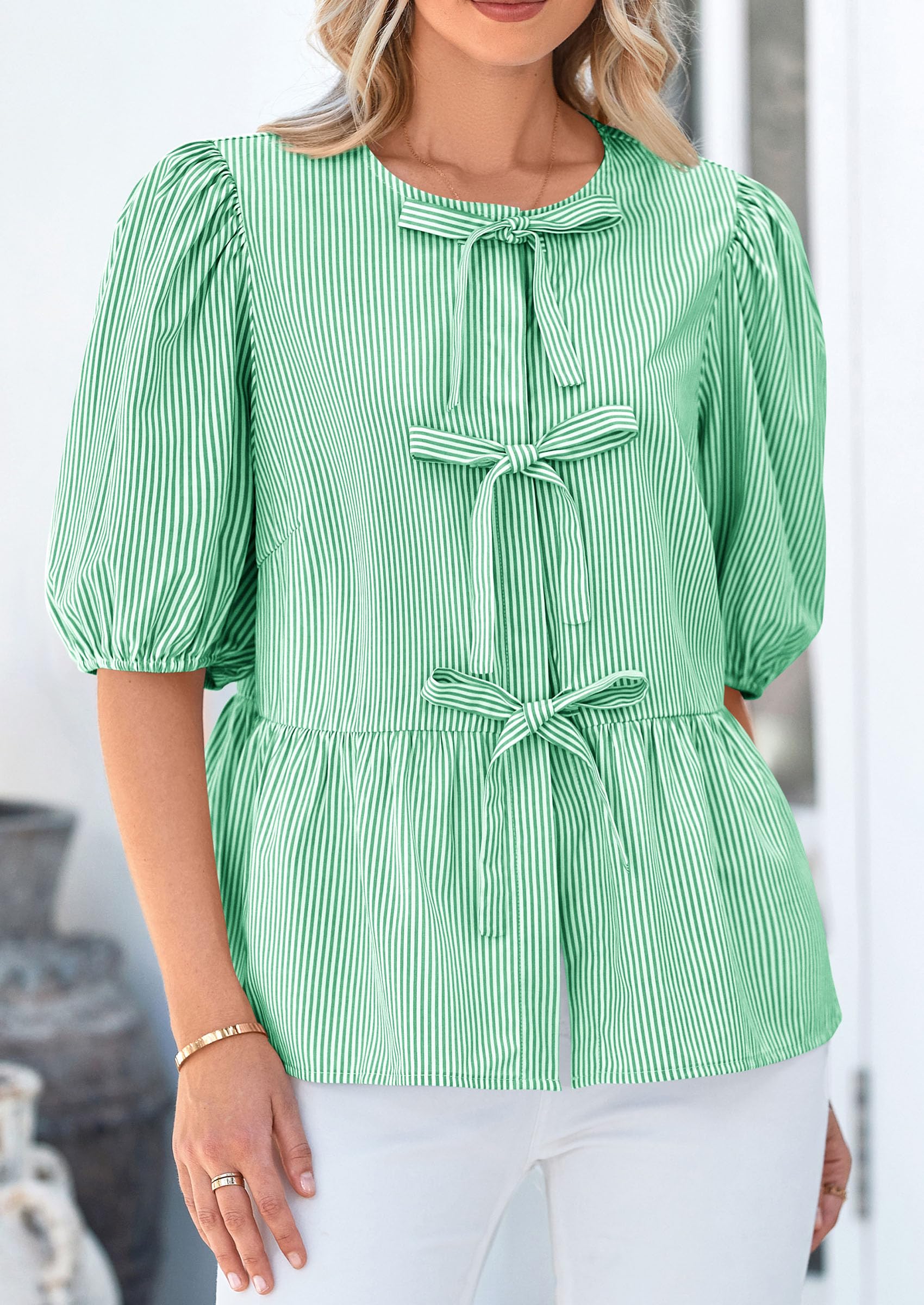 Women Striped Tie Front Babydoll Peplum Tops, Green,S