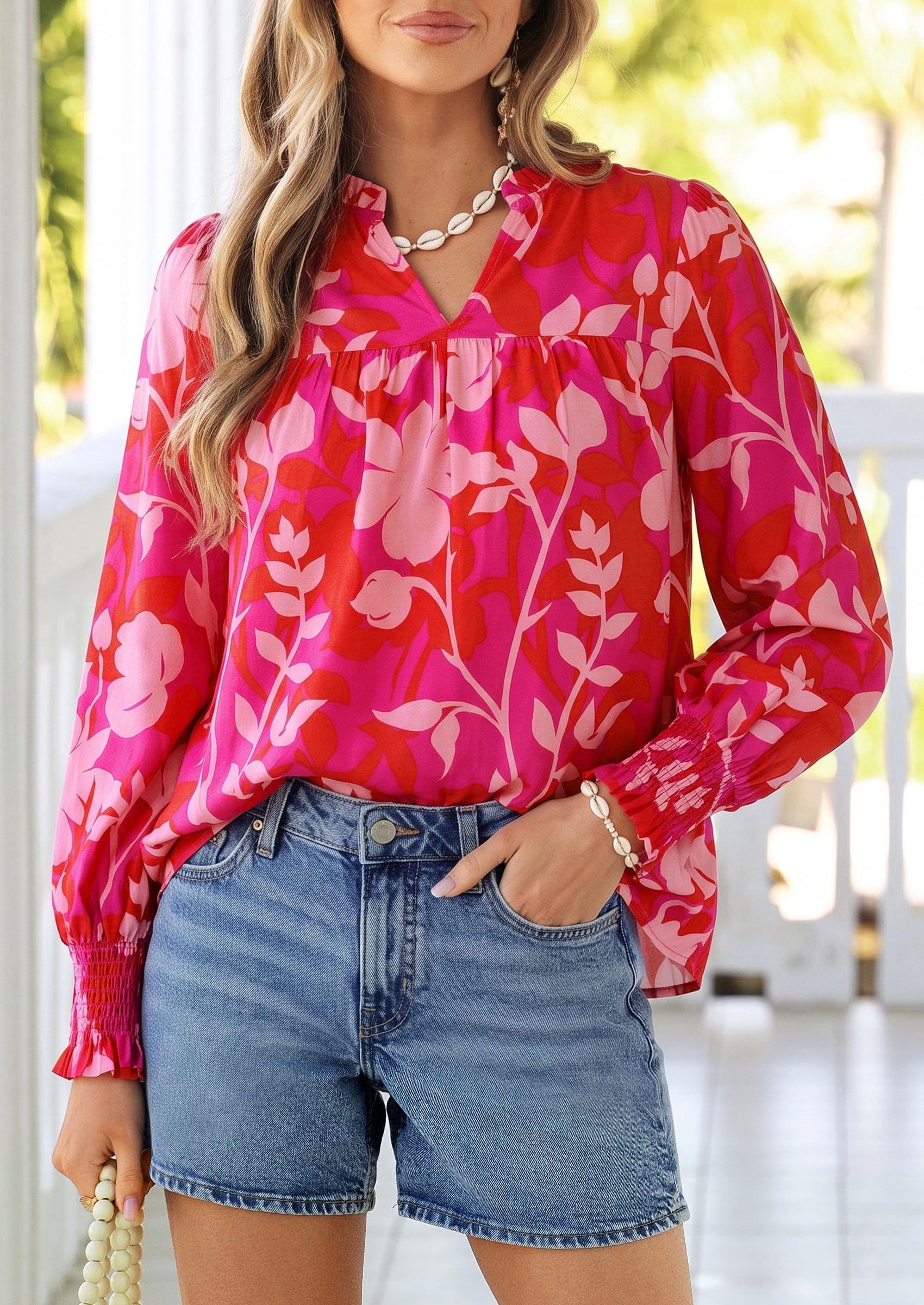 Women's Boho Floral Blouses Dressy Casual Rose Red,S