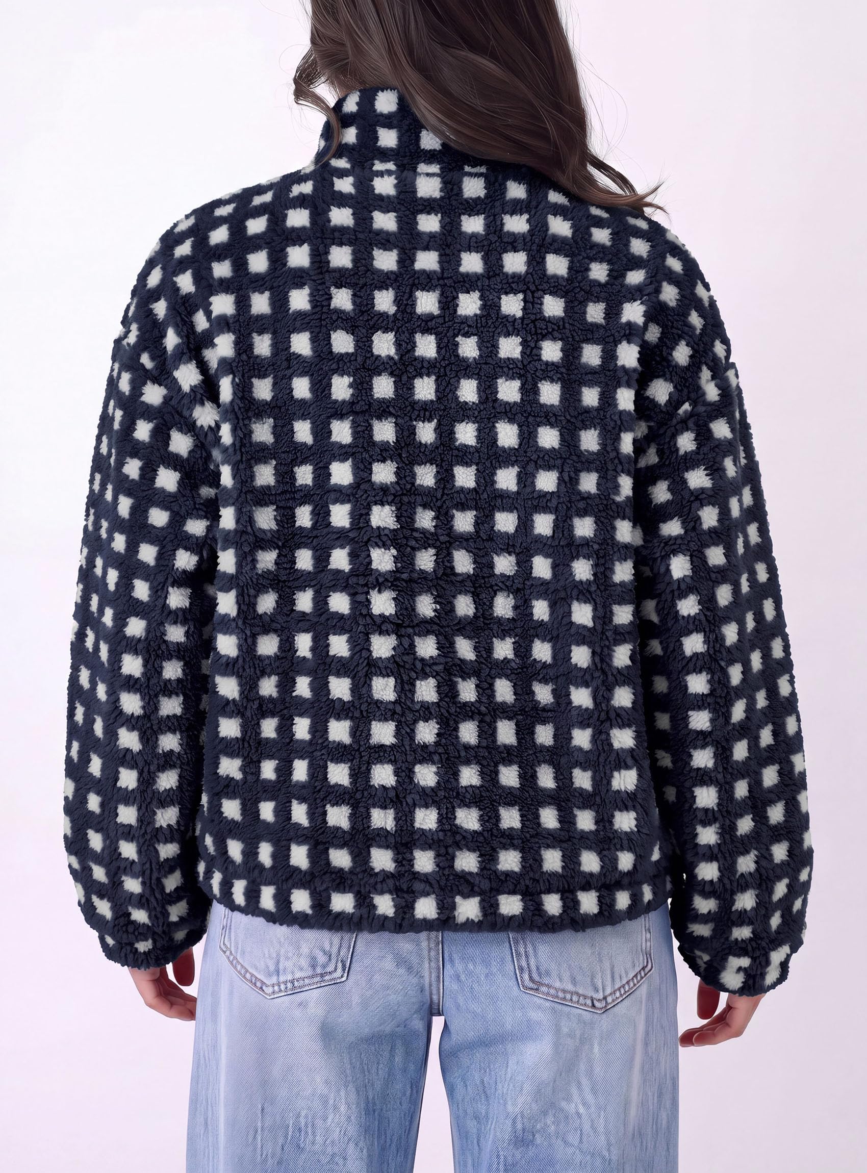 Women's Gingham Sherpa Fleece Jacket Plaid Cropped Teddy Coat