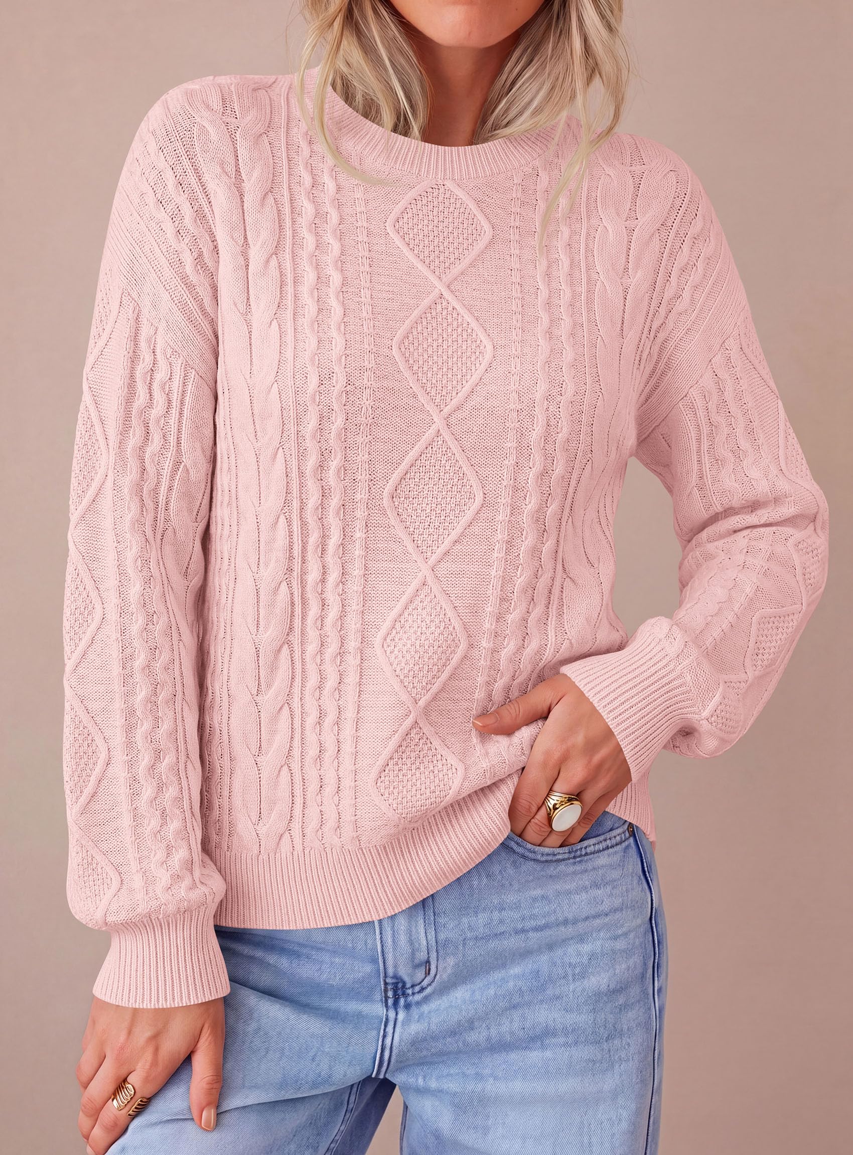 Women's Crewneck Cable Knit Sweater Pullover Tops Pink