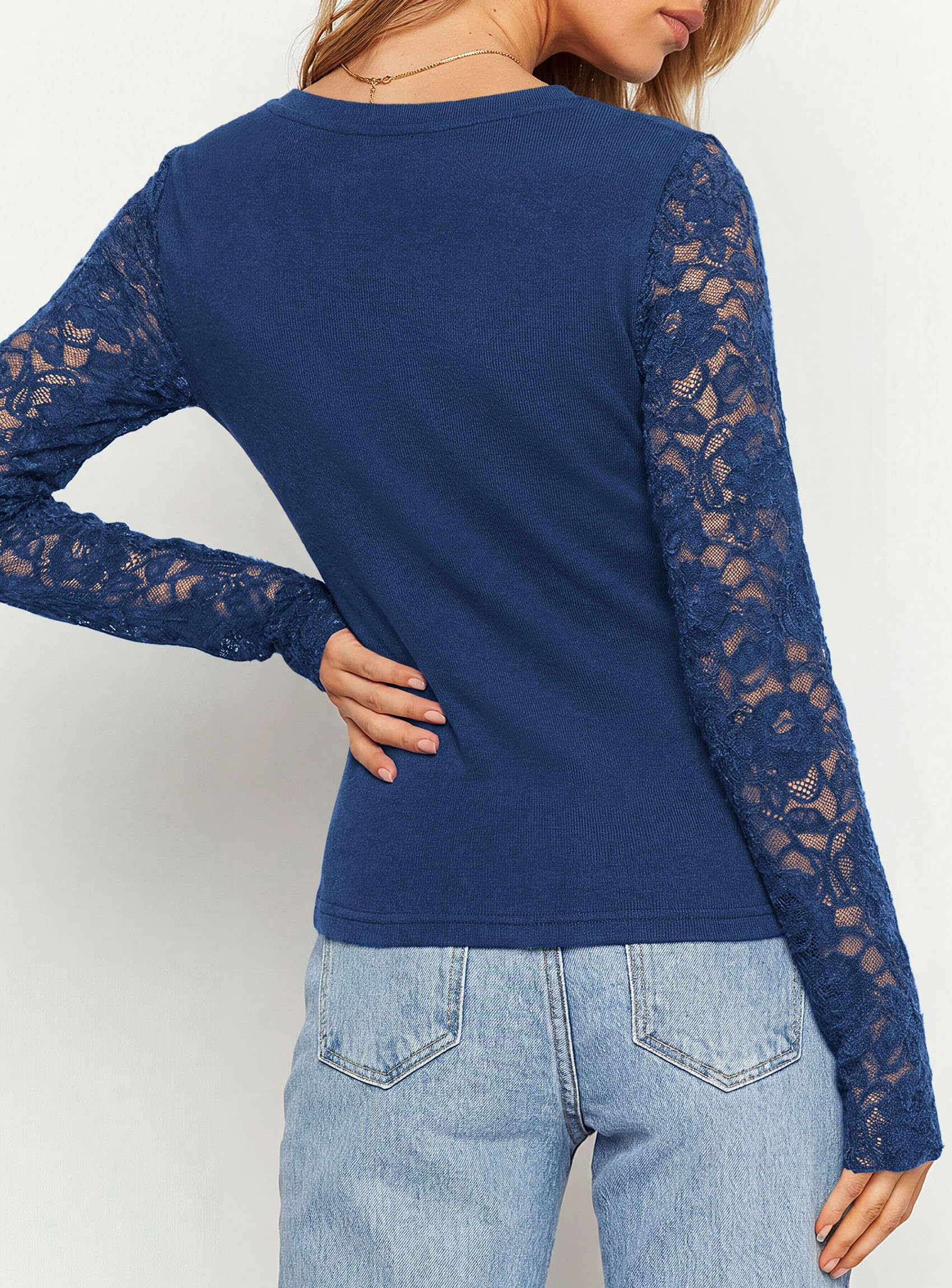 Sheer Lace Raglan Long Sleeve Shirts for Women,Navy,S