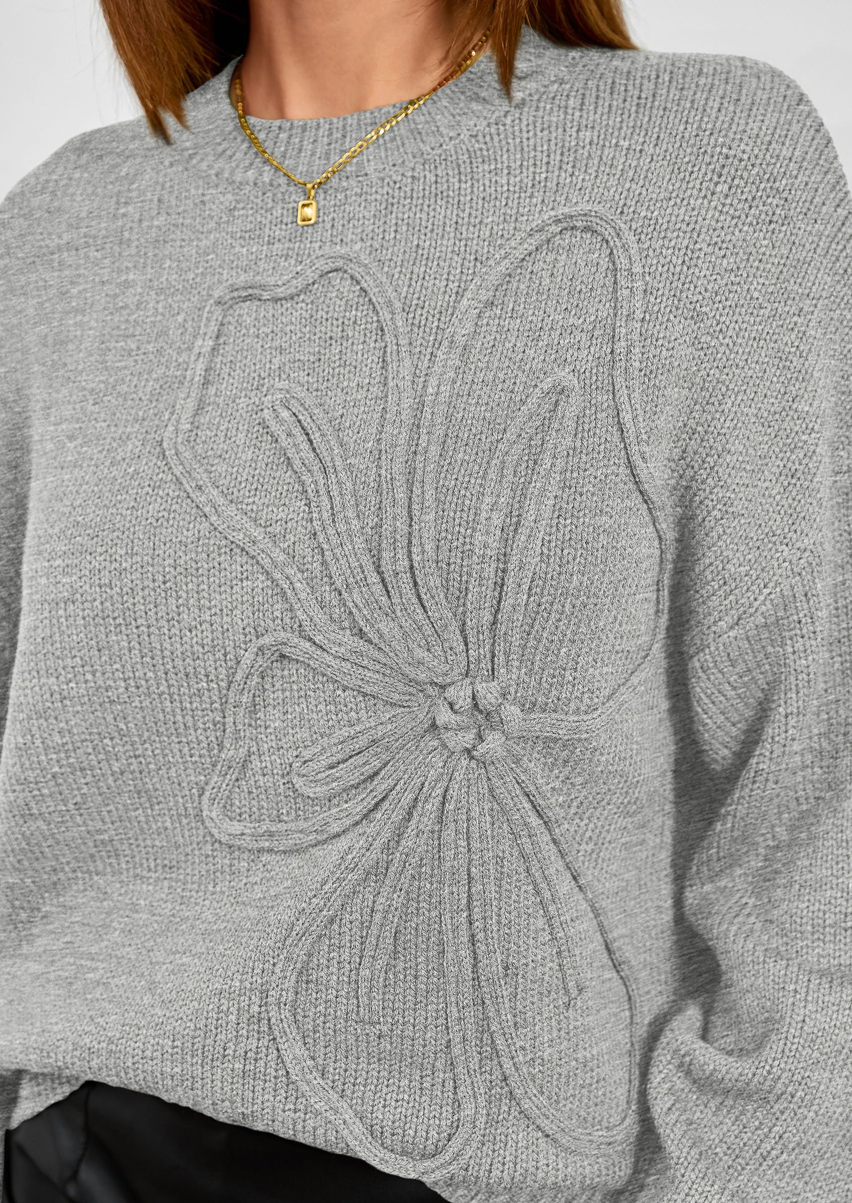 Women's Oversized 3D Floral Knit Sweater,Light Grey,S