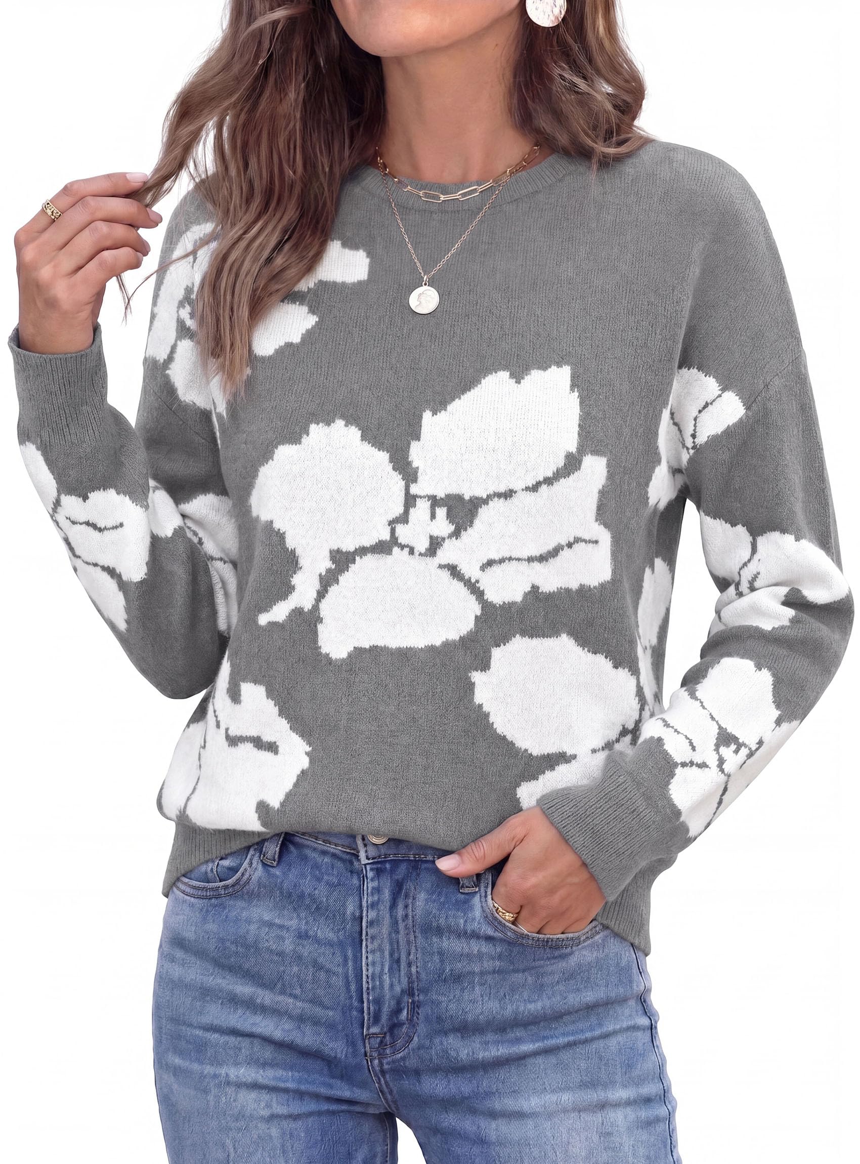 Womens Floral Sweater Crewneck Printed Pullover Tops Grey