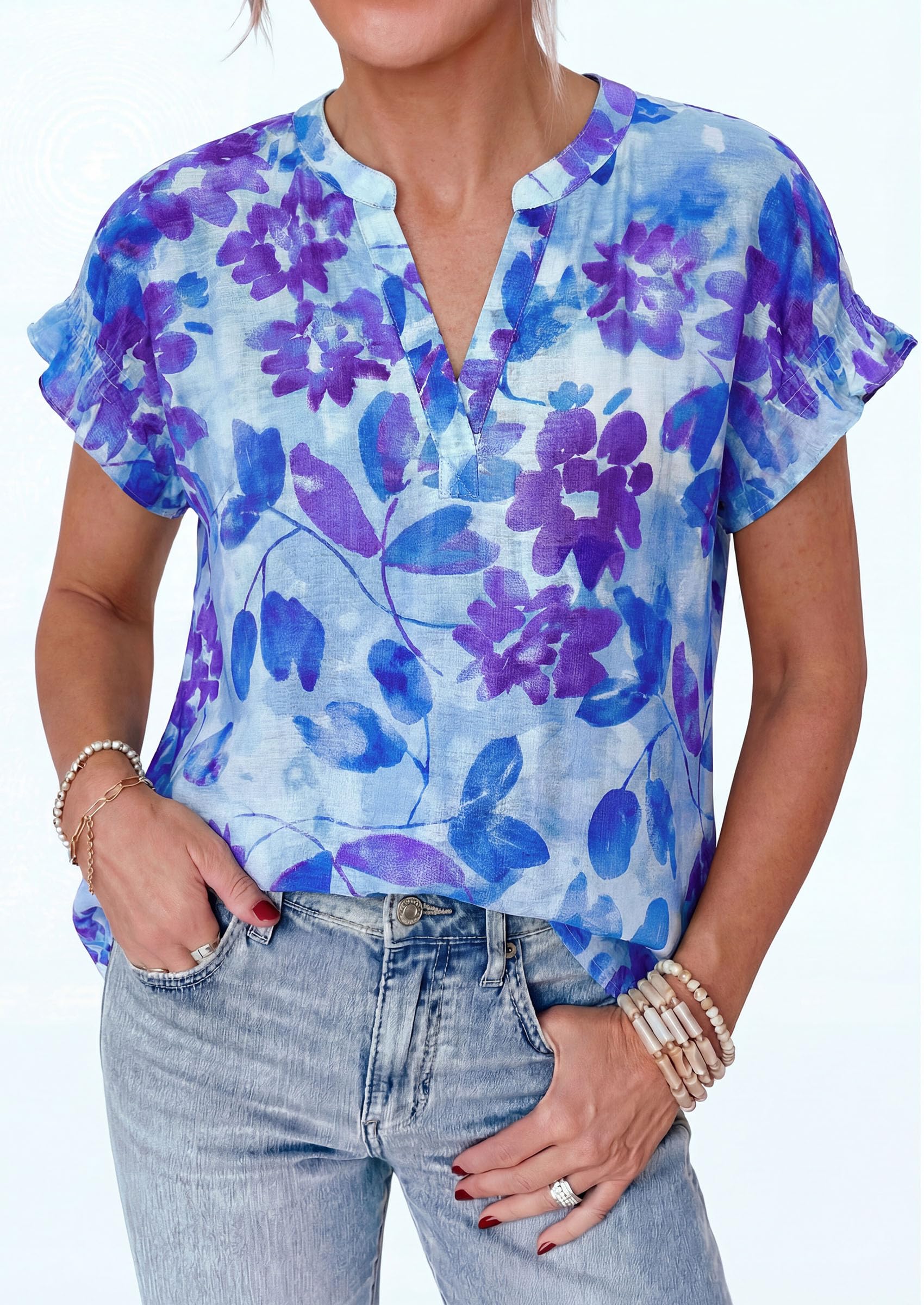 Womens Floral Short Sleeve Blouses,Floral Blue,S