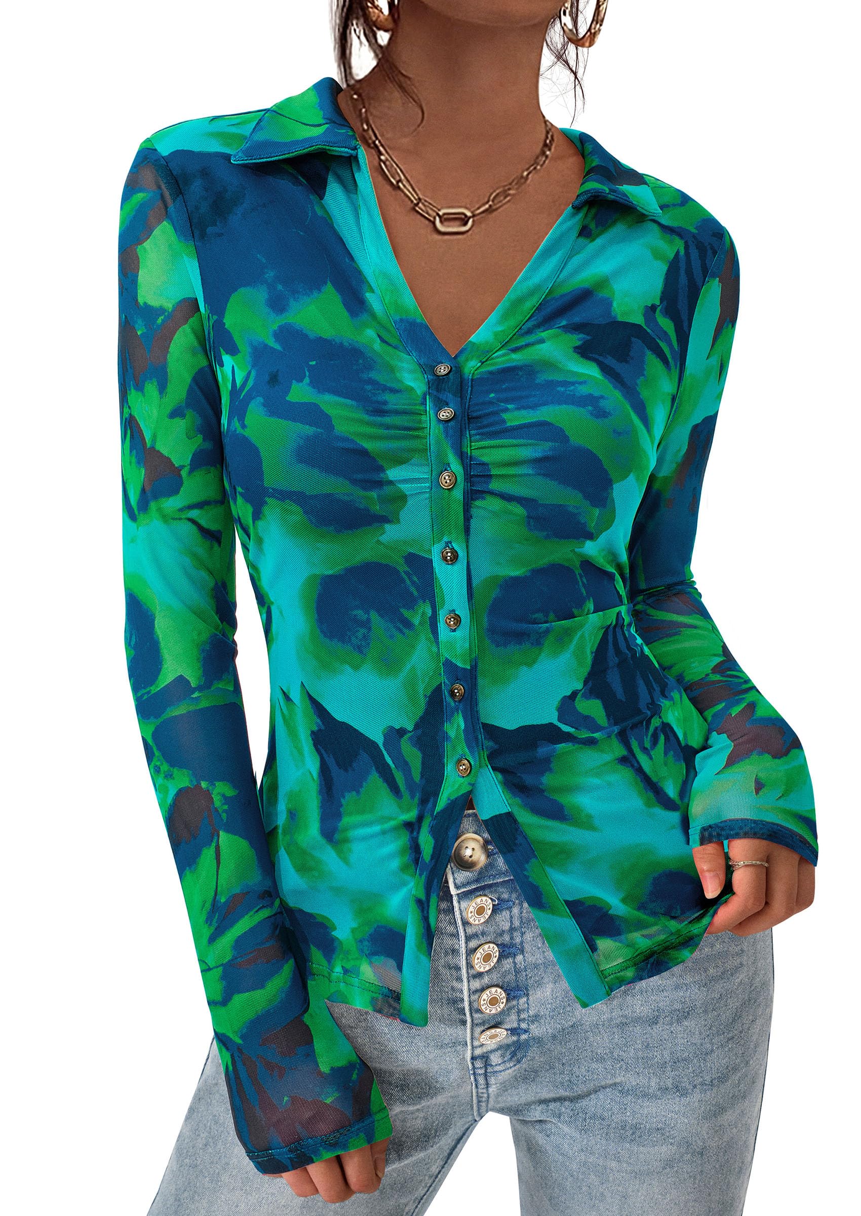 Women's Button Down Shirts Boho Mesh Floral Going Out Tops