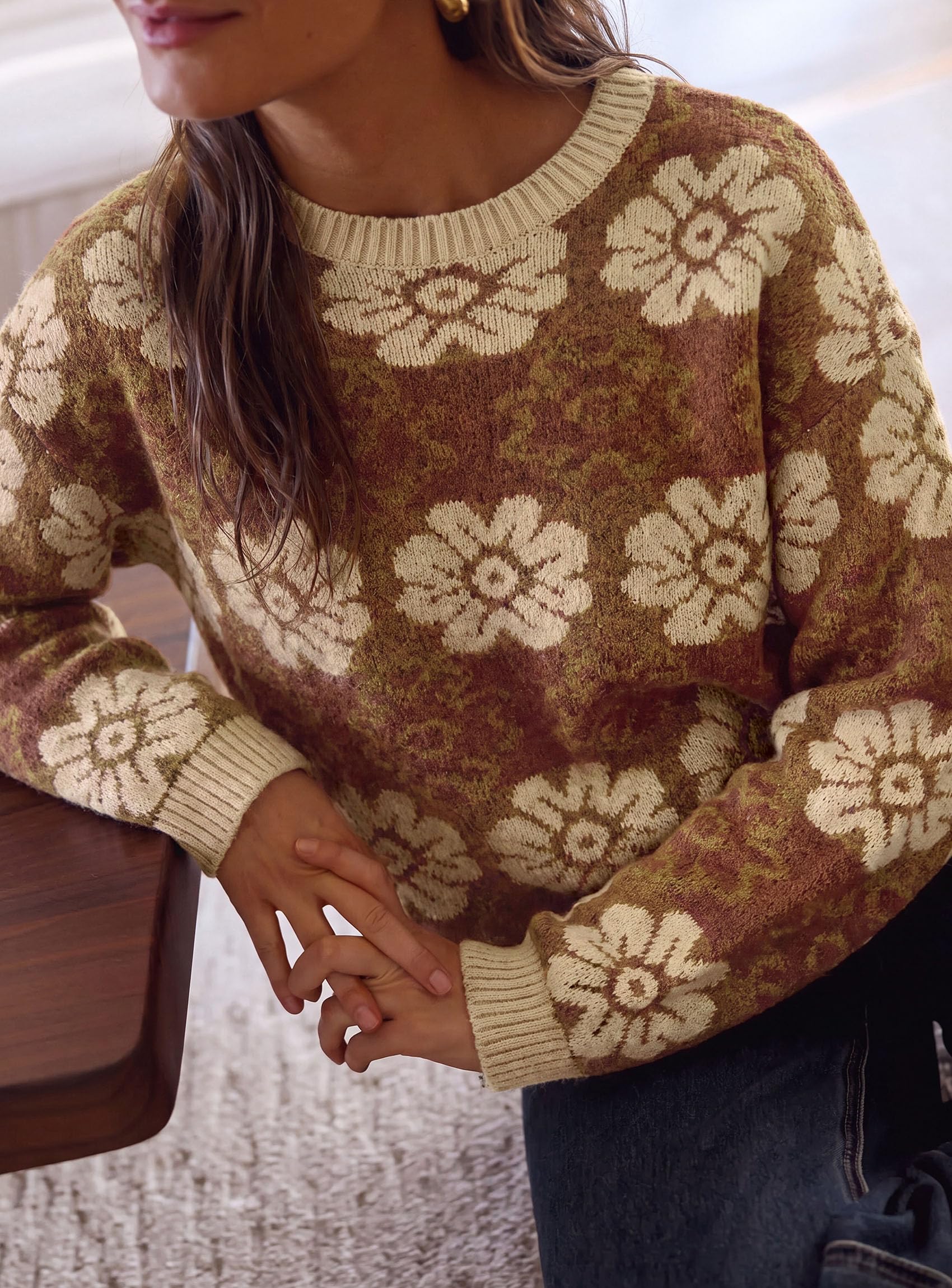 Women's Floral Crewneck Sweater Knit Pullover,Brown,S