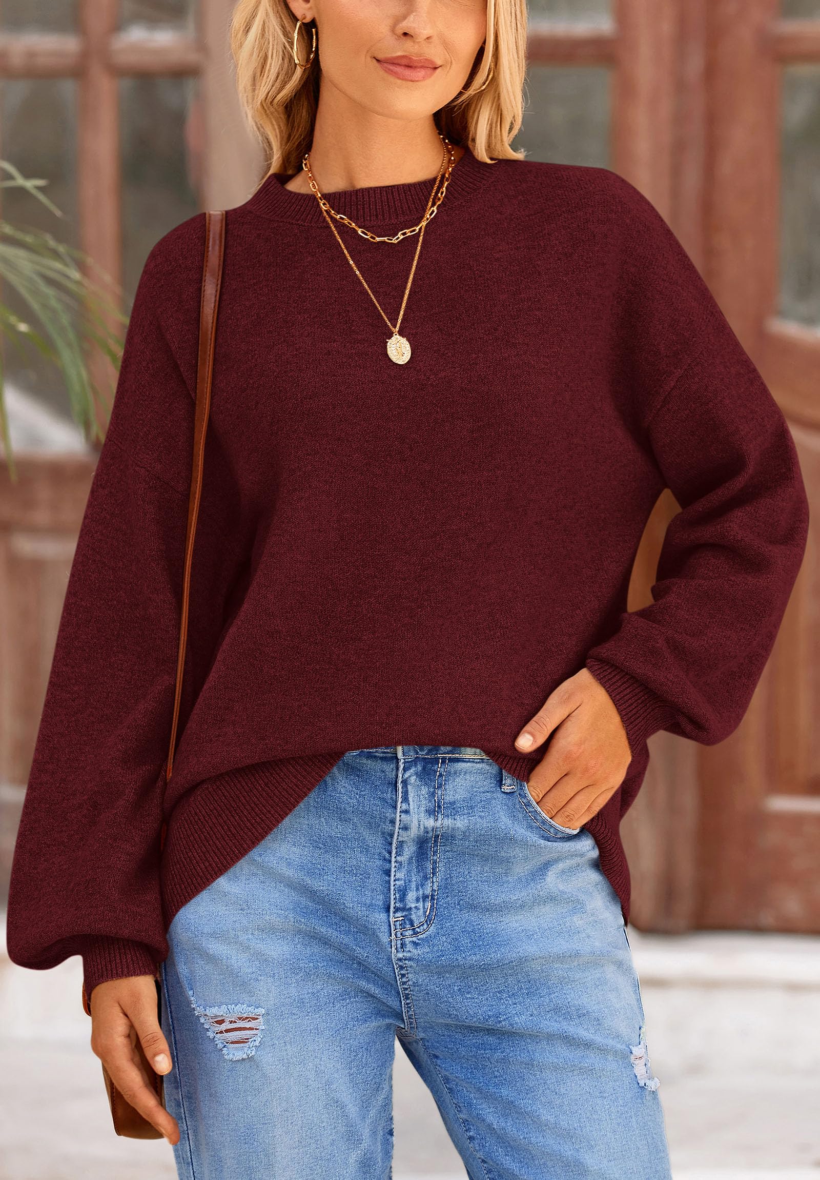 Women's Fall Sweaters Crewneck Long Sleeve Tops,Wine Red,S