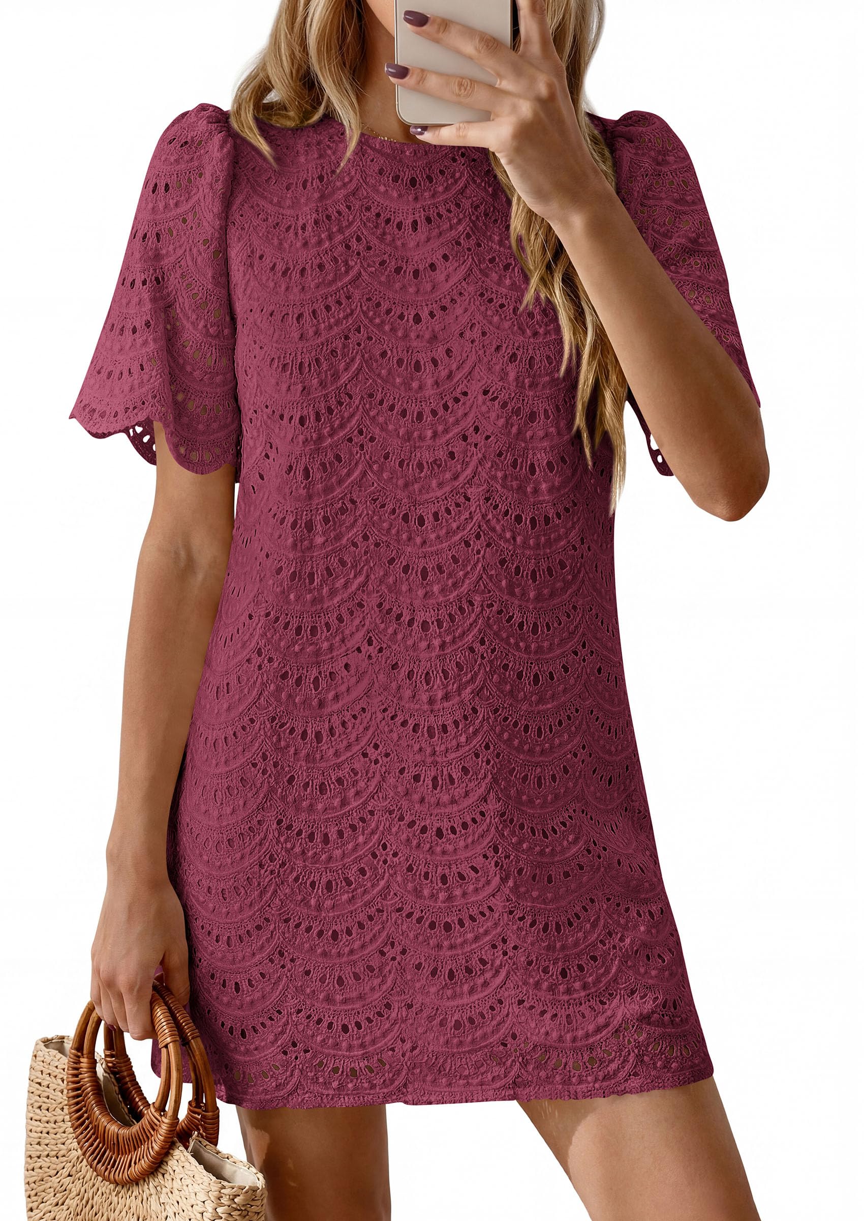 Women's Summer Eyelet Lace Short Dress (Burgundy,S)