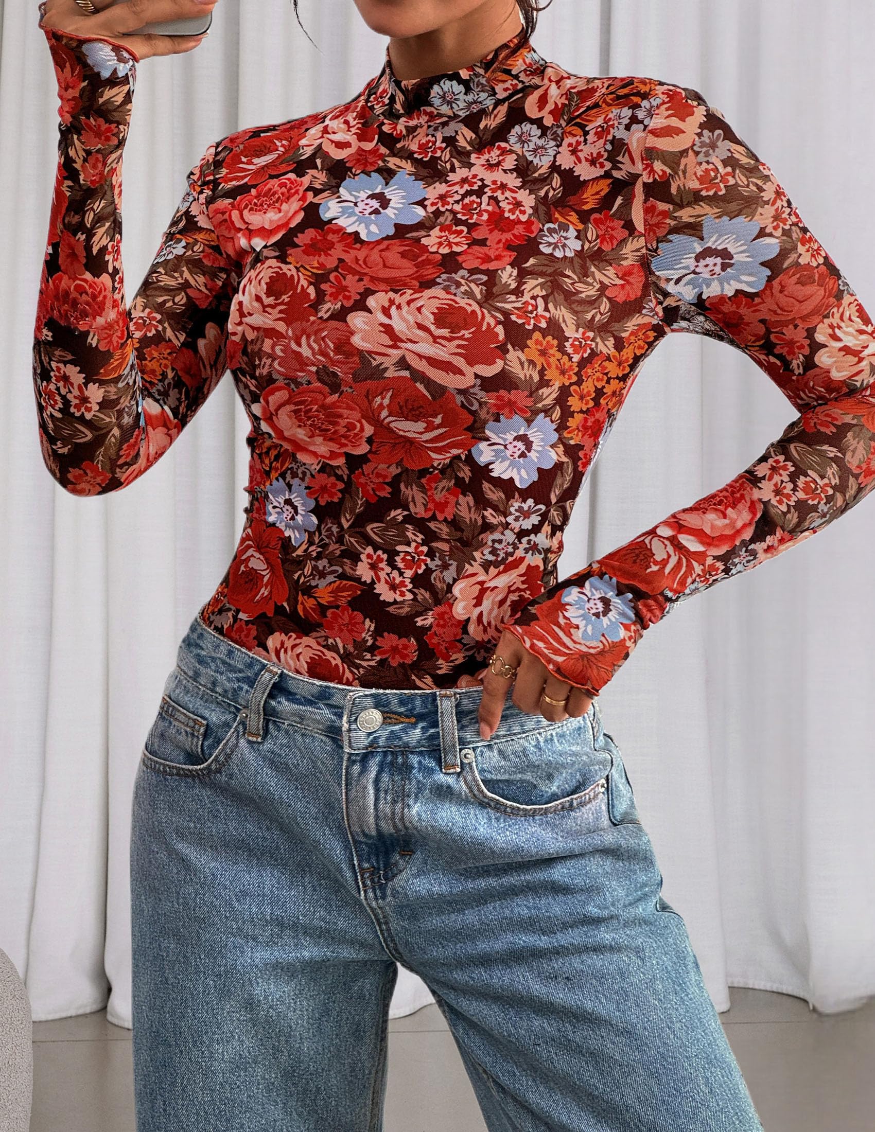 Womens Floral Mesh Long Sleeve Tops Fall Slim Fitted Shirts