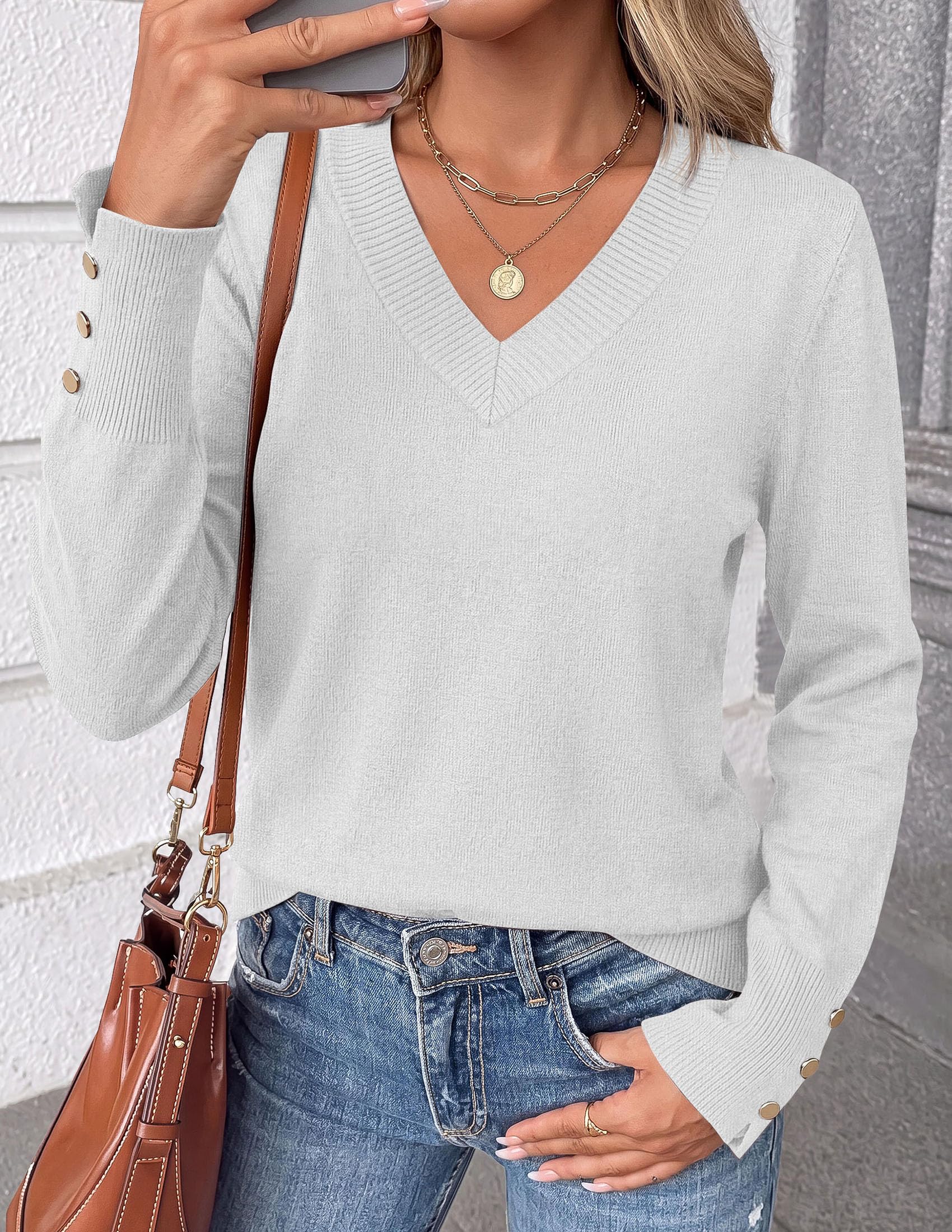 Fall Sweaters for Women V Neck Lightweight Pullover Top White