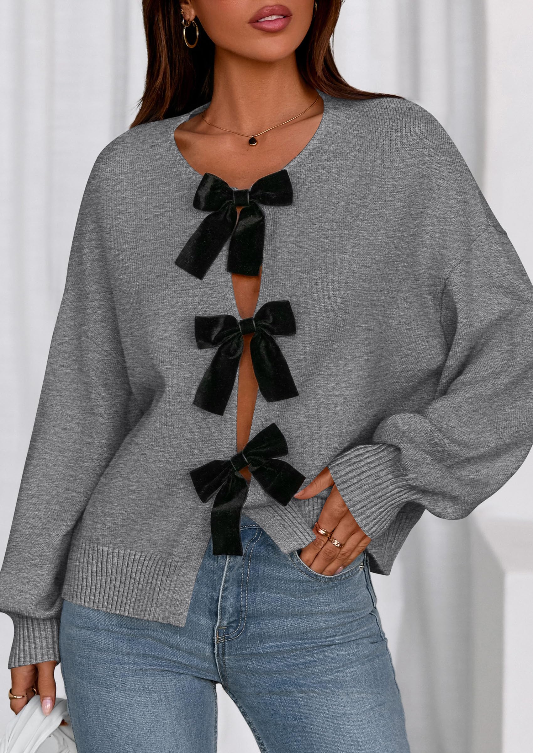 Women's Fall Bow Tie Front Cardigan Sweaters,Grey,S