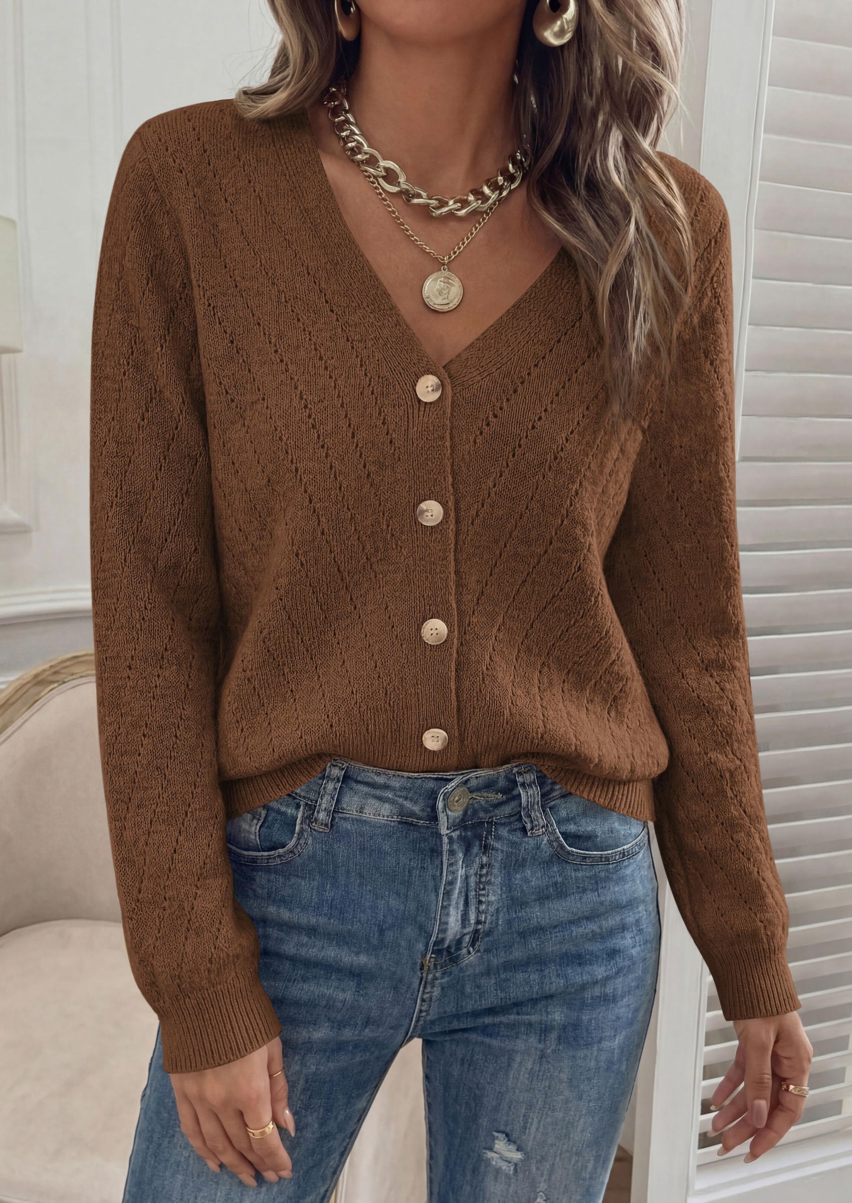 Women's Cozy Cardigan Sweater with Button (Brown,S)