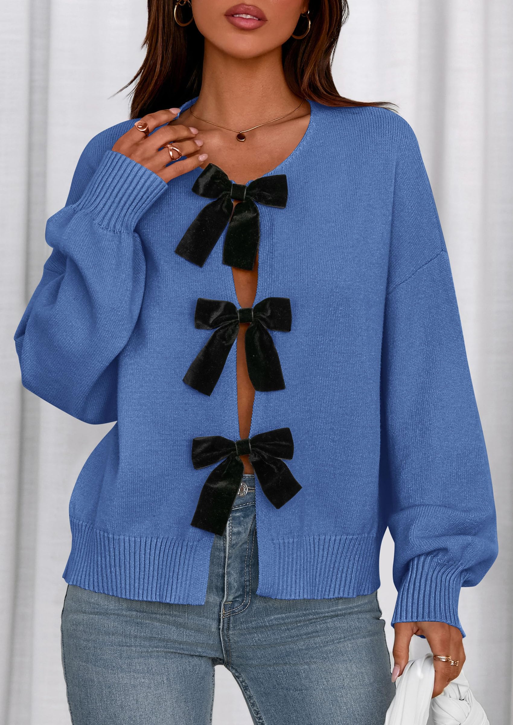 Women's Fall Bow Tie Front Cardigan Sweaters,Blue,S