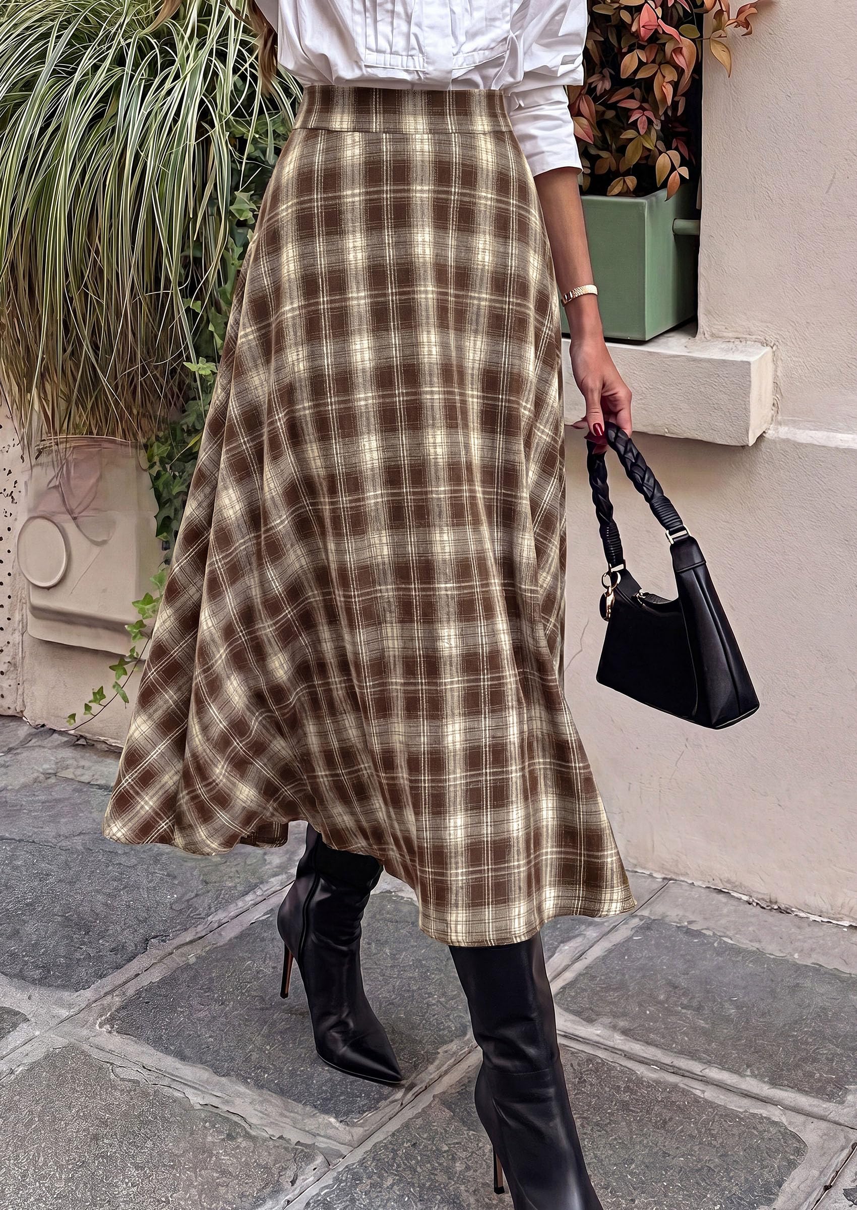 Women's Plaid High Waisted A-Line Midi Skirts,Khaki,S