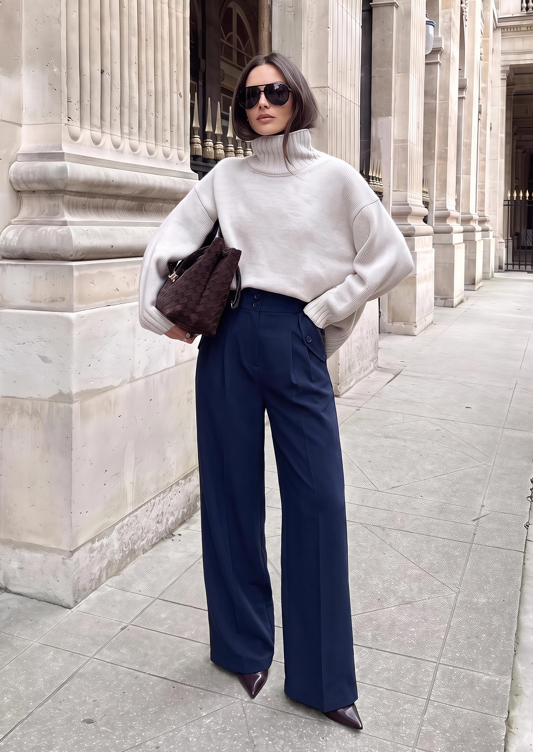 Women's Wide Leg Work Dress Pants Trousers, Navy Blue,S